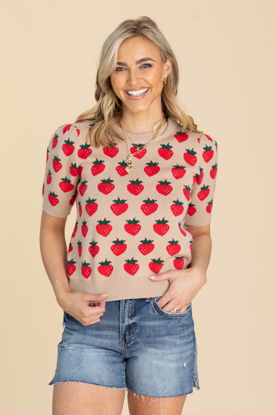 Light Mocha Strawberry Print Sweater Knit Top