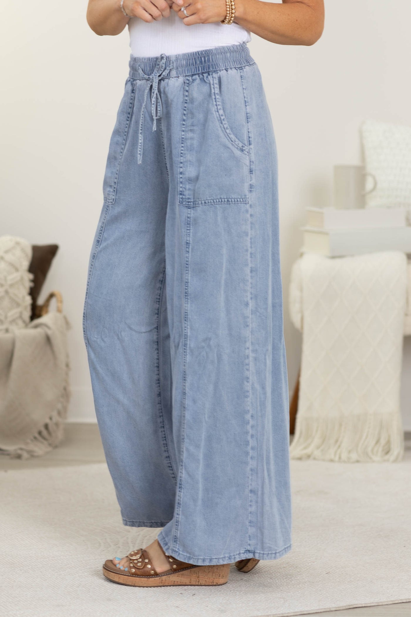 Washed Denim Drawstring Waistband Easy Pull On Pants