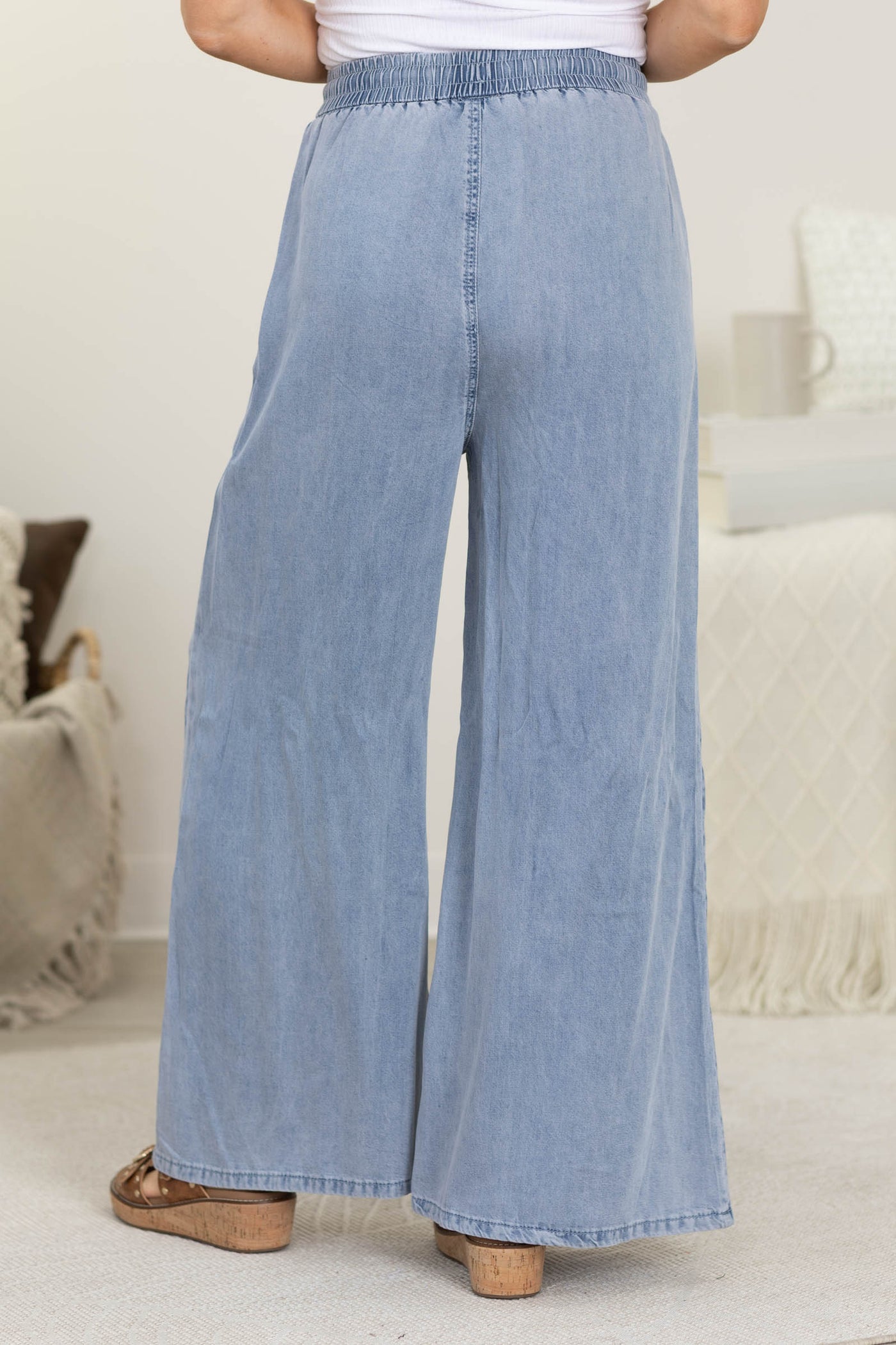 Washed Denim Drawstring Waistband Easy Pull On Pants