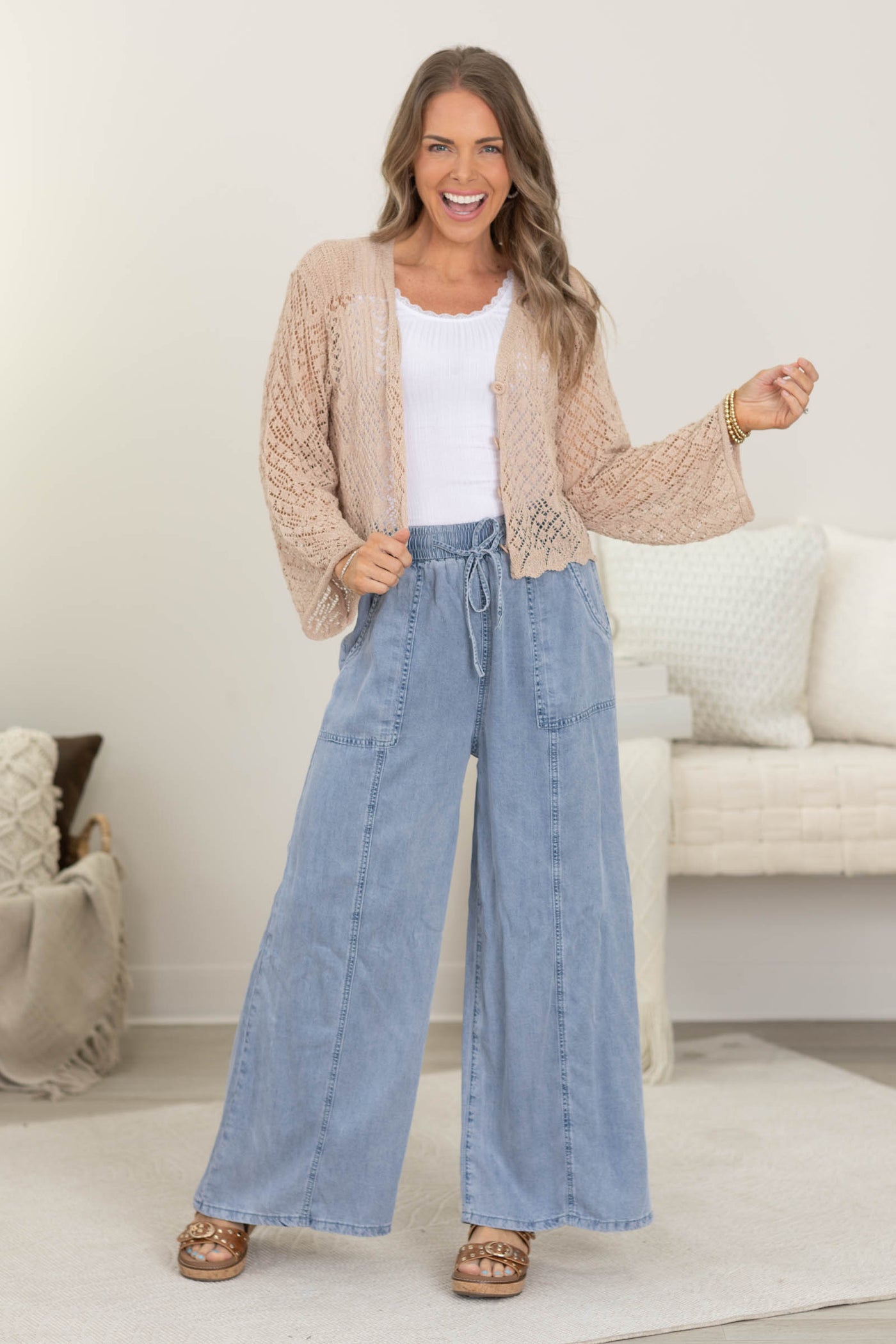 Tan Intricate Crochet Button Up Cardigan
