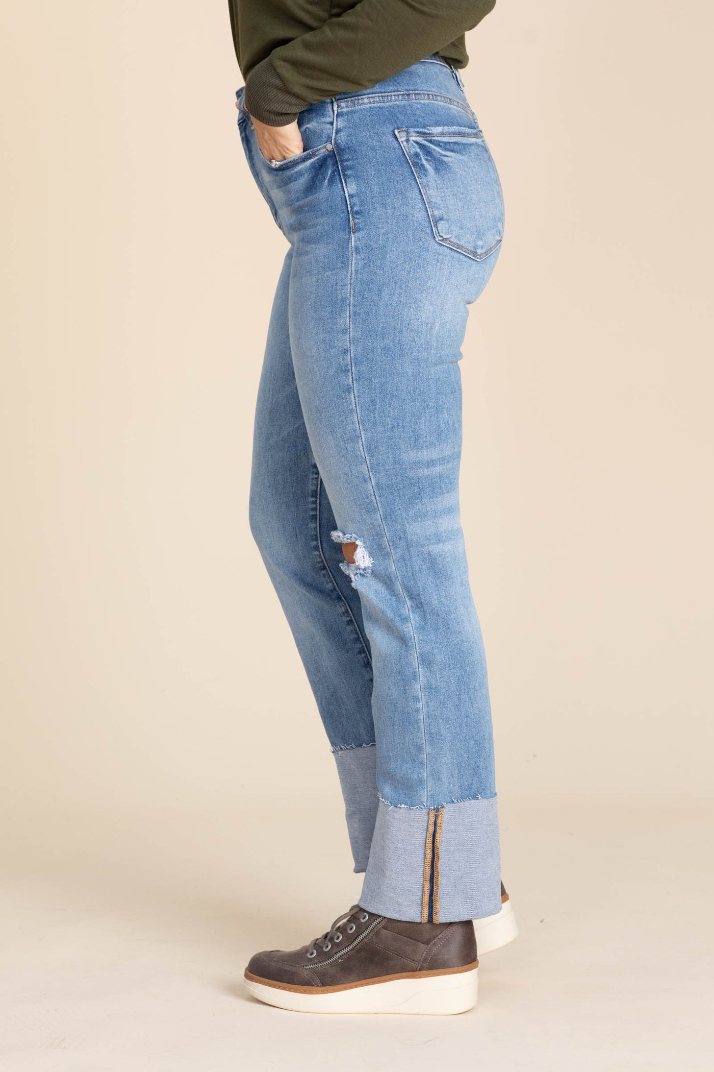 Risen Medium Wash Cuffed Straight Leg Jeans