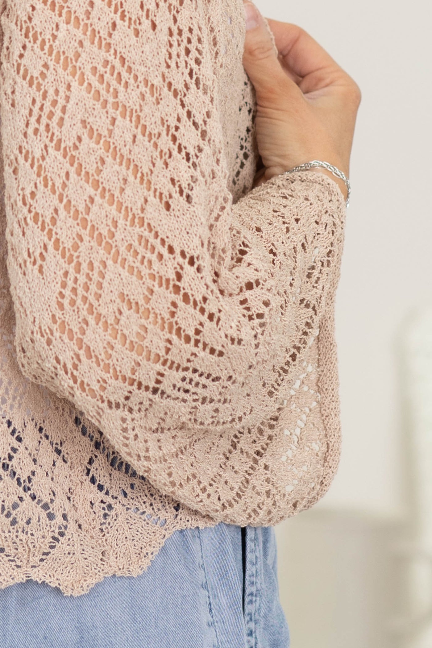 Tan Intricate Crochet Button Up Cardigan