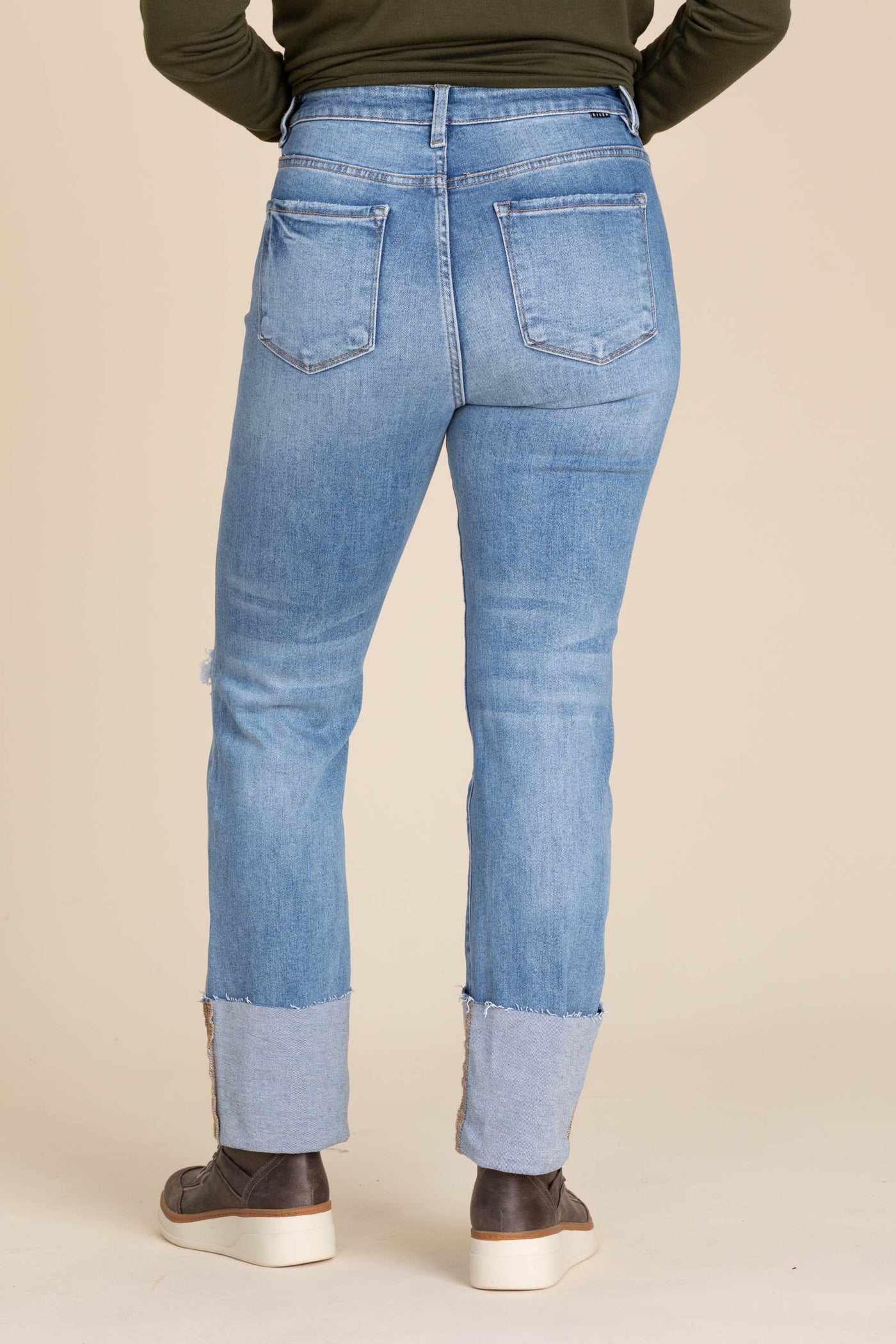 Risen Medium Wash Cuffed Straight Leg Jeans