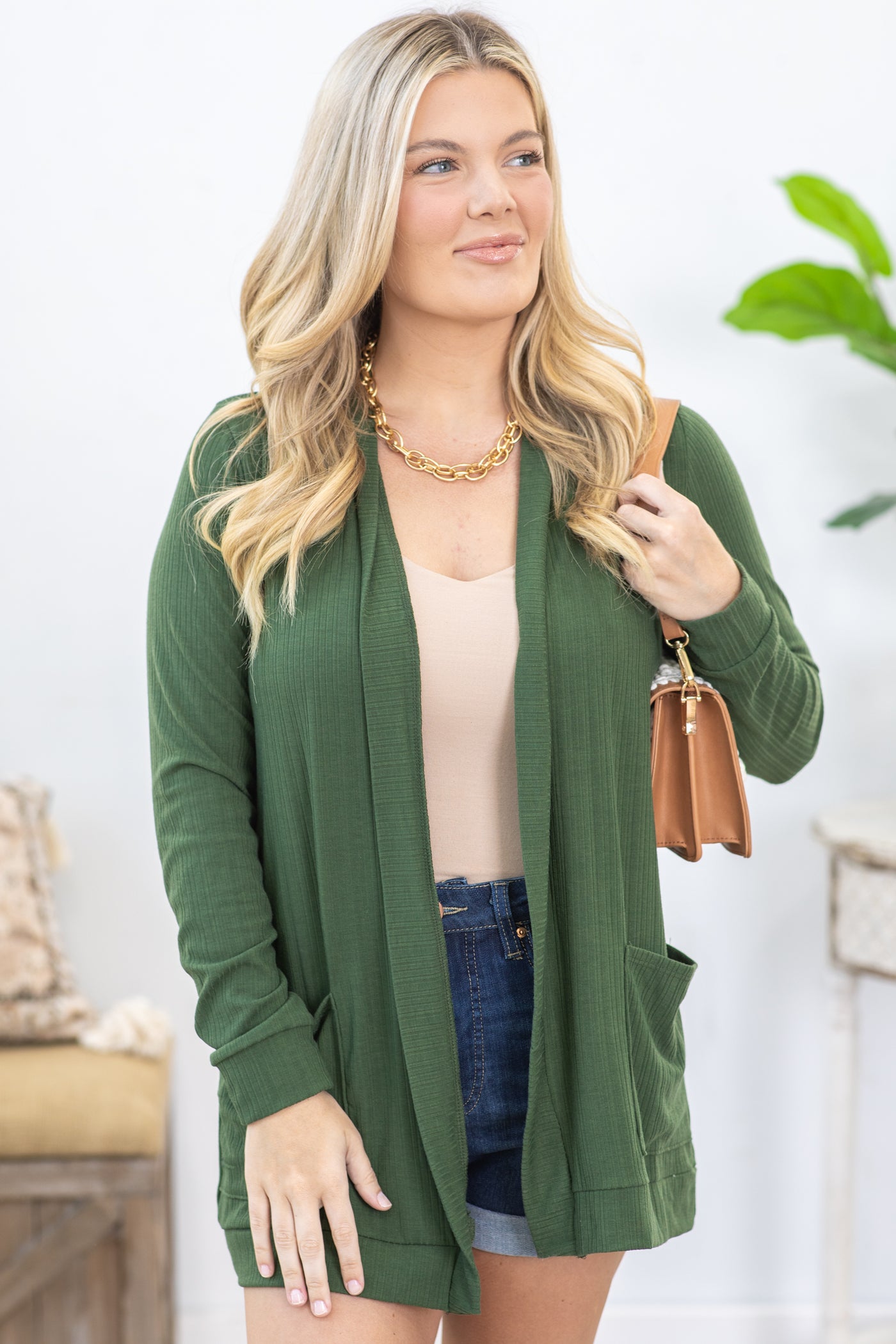 Olive Knit Cardigan With Pockets