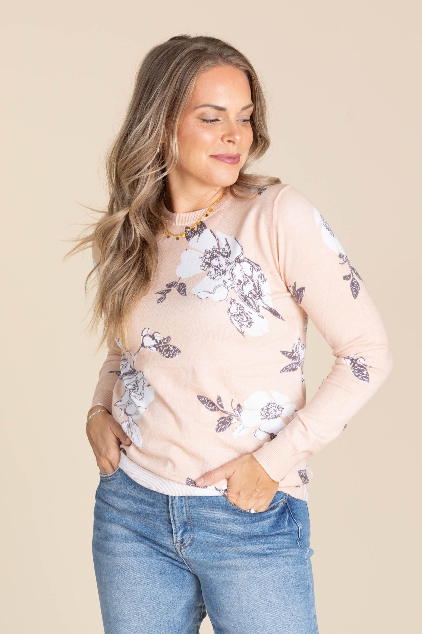 Peach Floral Print Sweater Knit Top