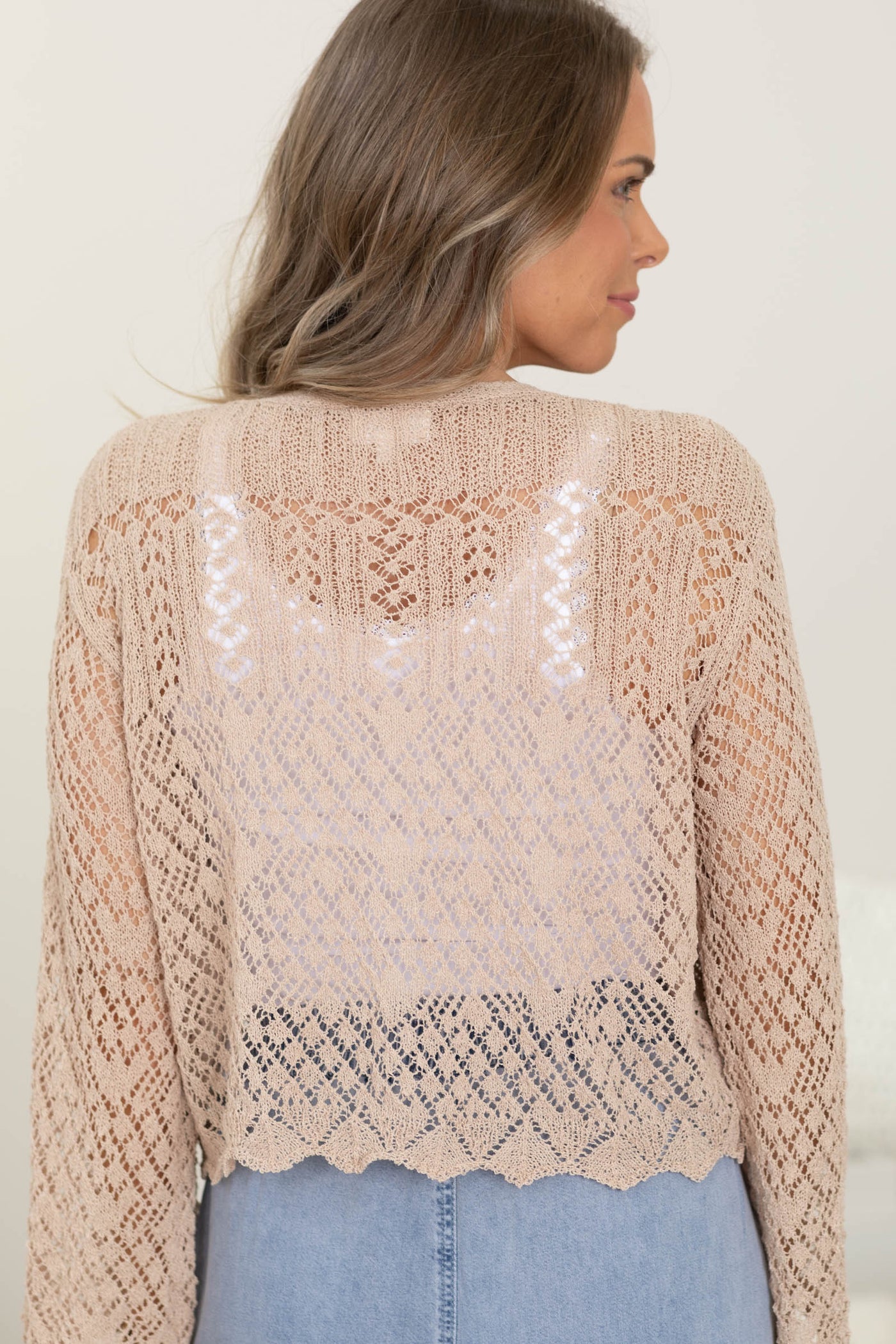 Tan Intricate Crochet Button Up Cardigan