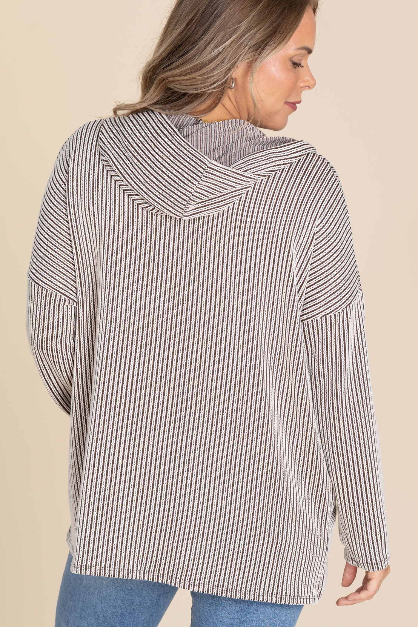 Chocolate Ribbed Kangroo Pocket Knit Hoodie