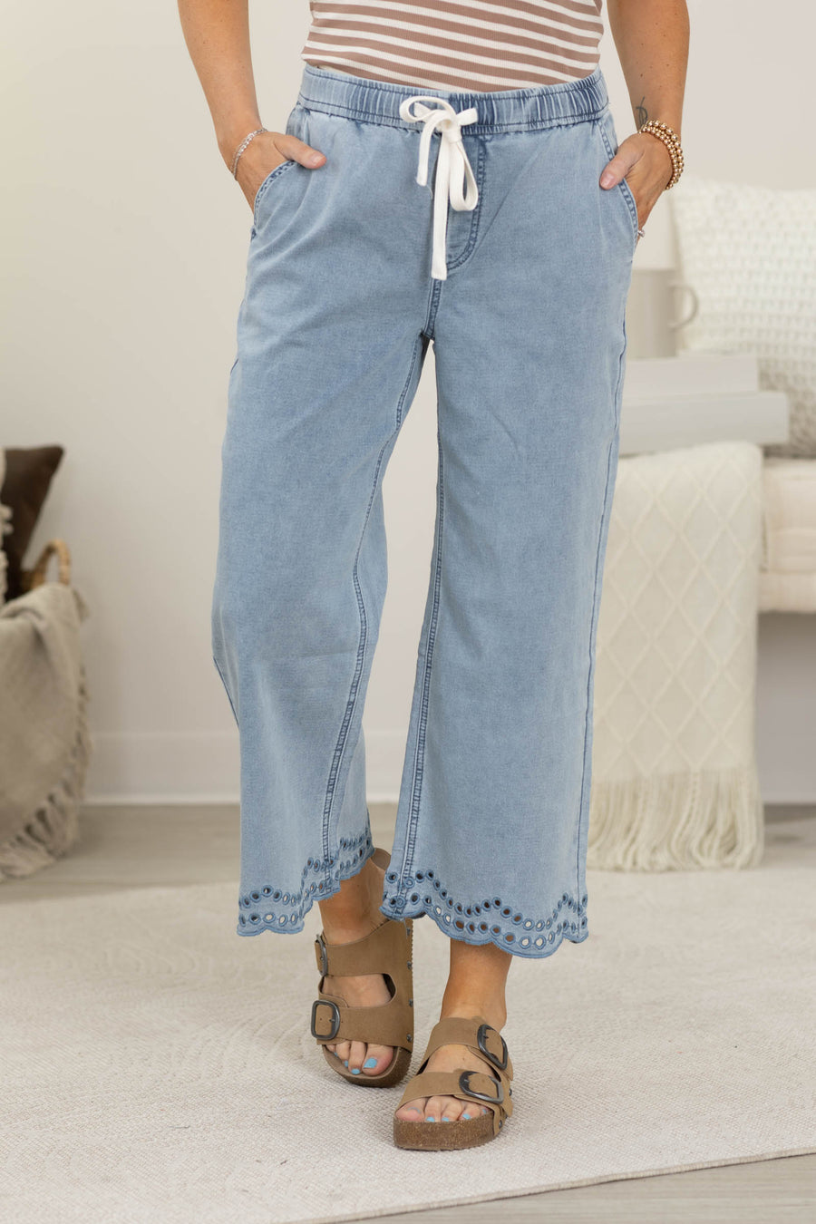 Light Wash Wide Leg Drawstring Pants Hem Detail