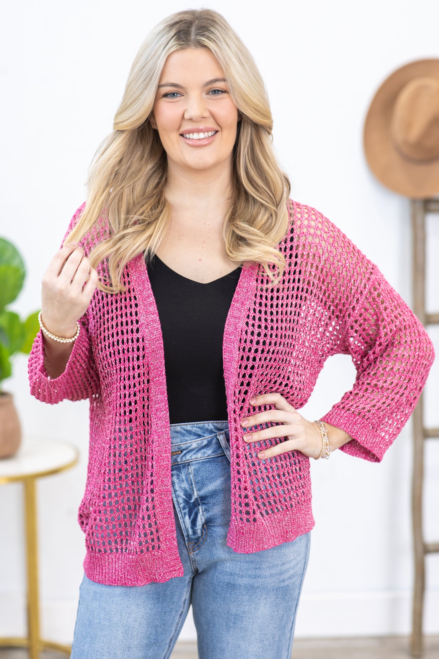 Hot Pink Crochet Open Cardigan With Lurex