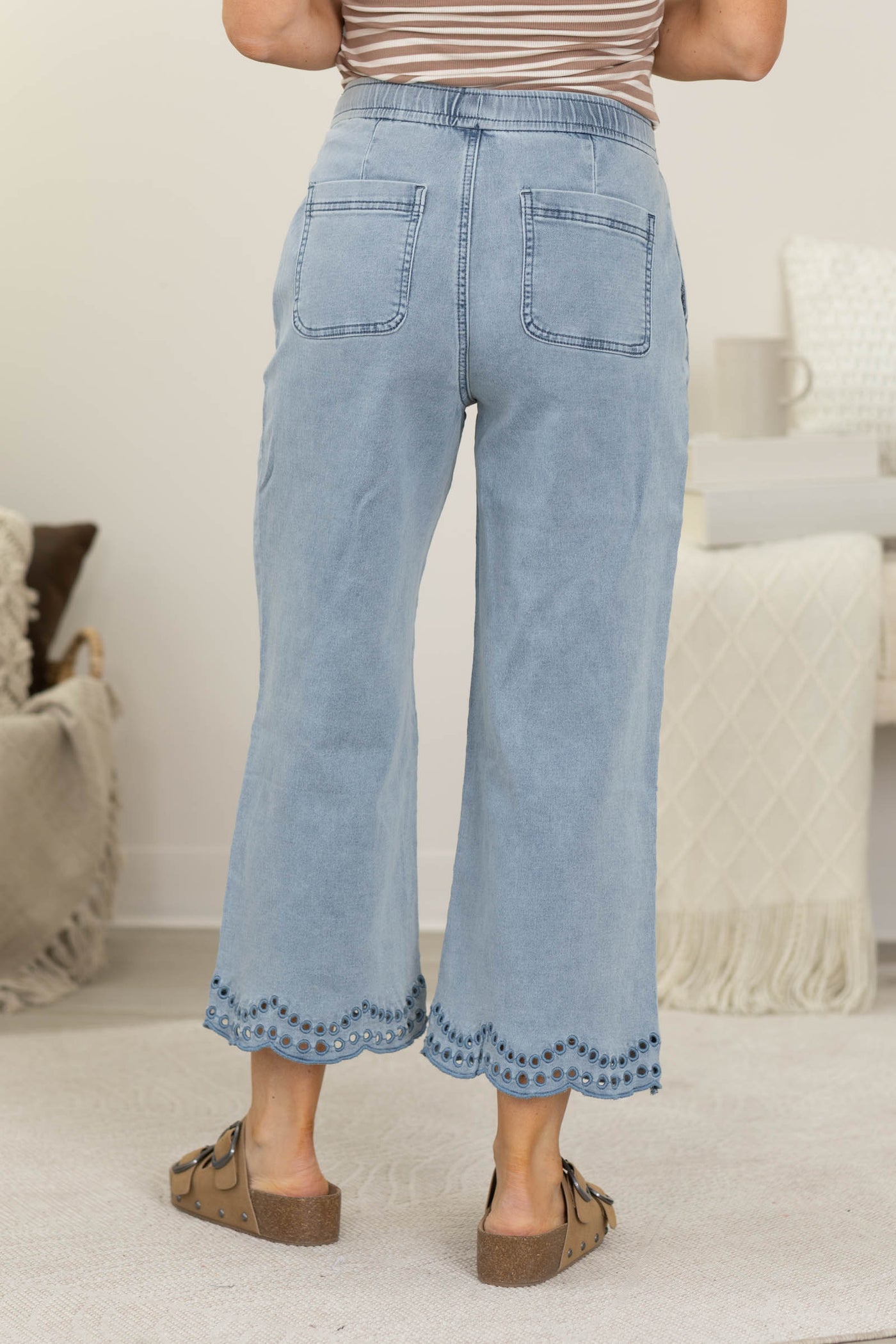 Light Wash Wide Leg Drawstring Pants Hem Detail