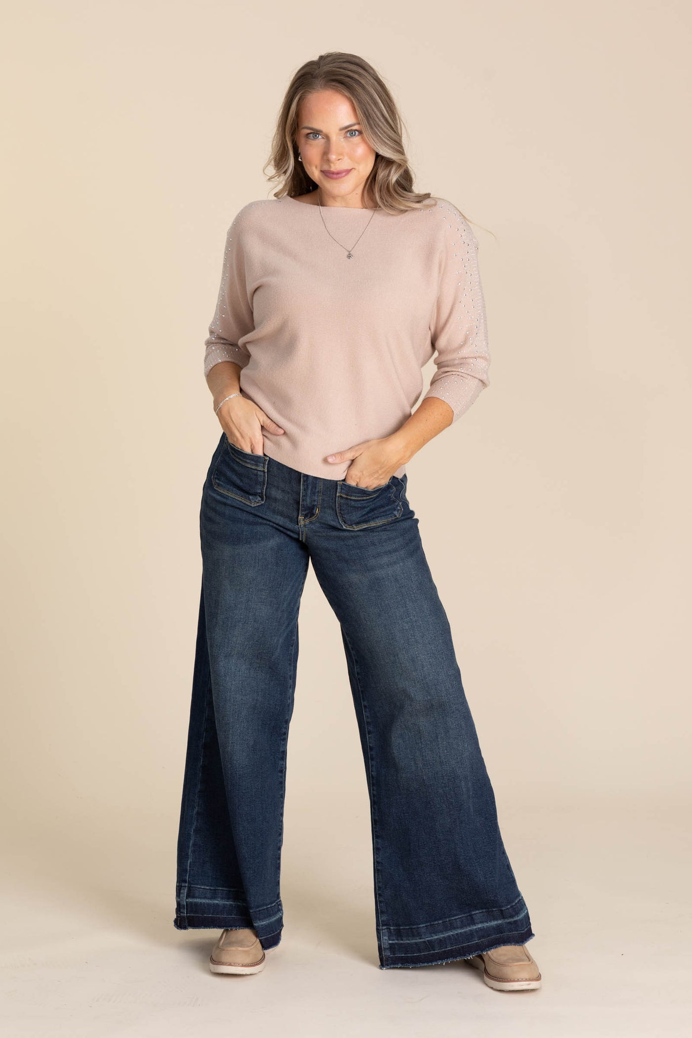 Taupe Stone Boat Neck 3/4 Sleeve Knit Sweater