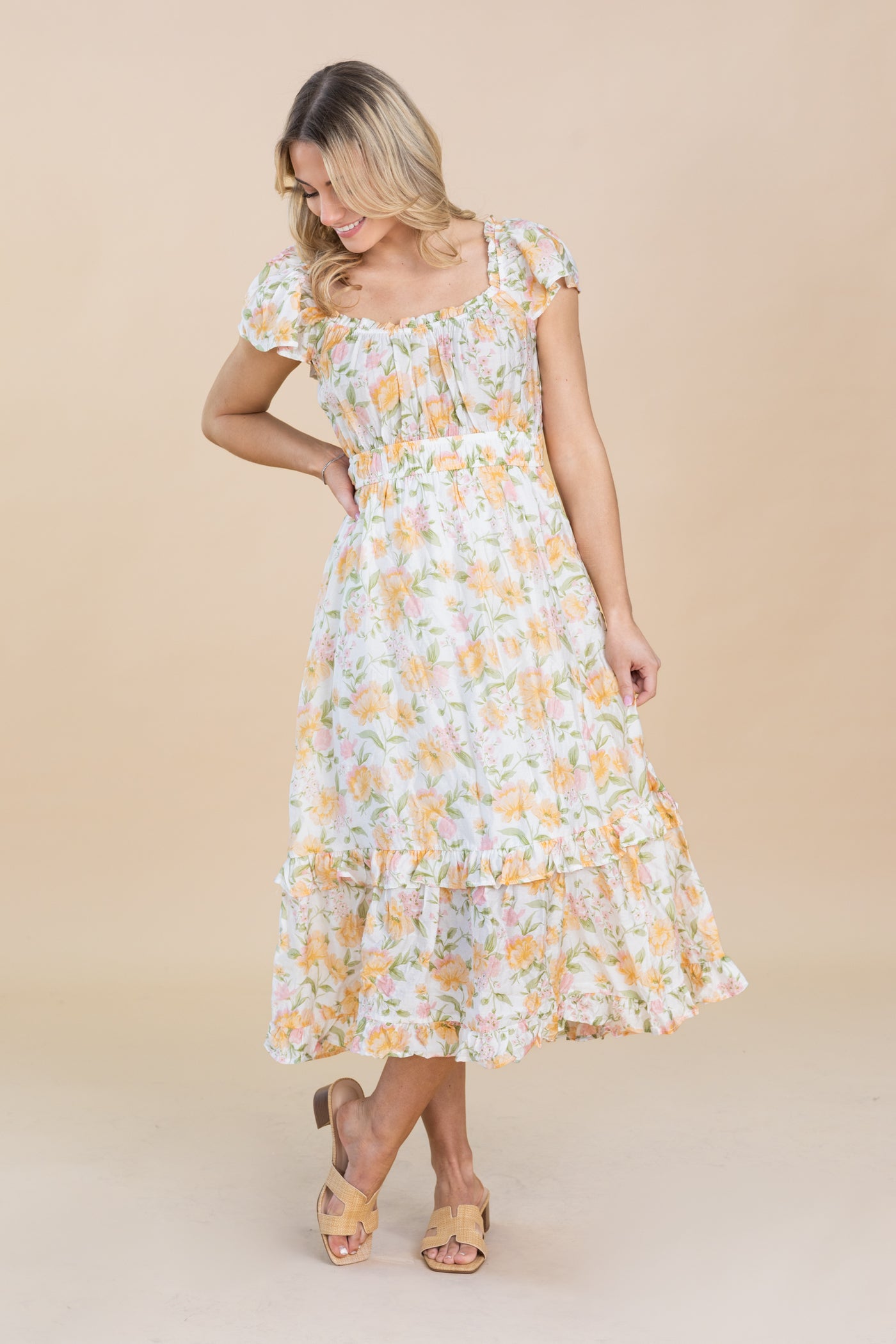 Peach Floral Short Sleeve Ruffle Midi Dress Filly Flair Peach Floral Short Sleeve Ruffle Midi Dress Filly Flair