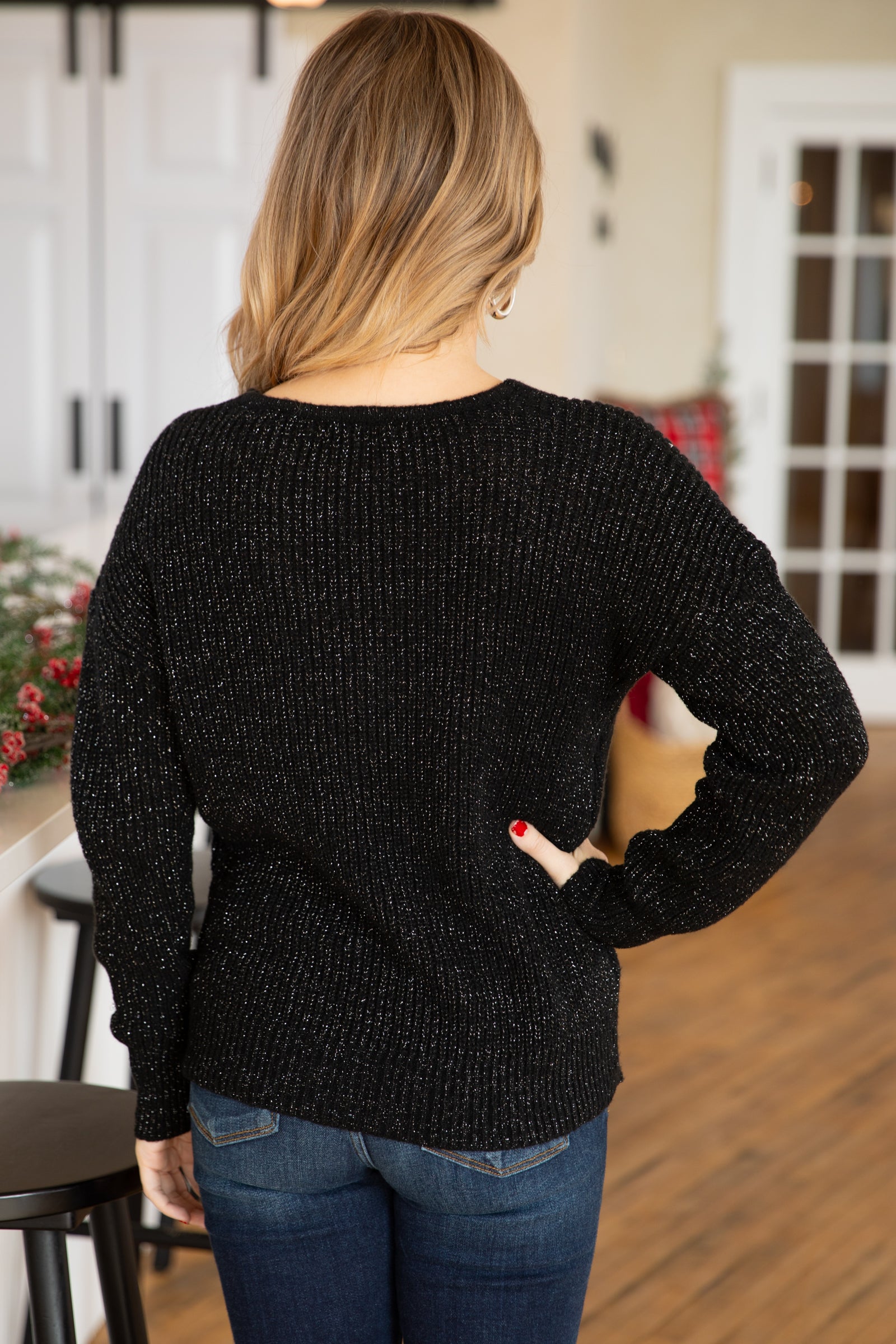 Black V-Neck Sweater With Center Seam