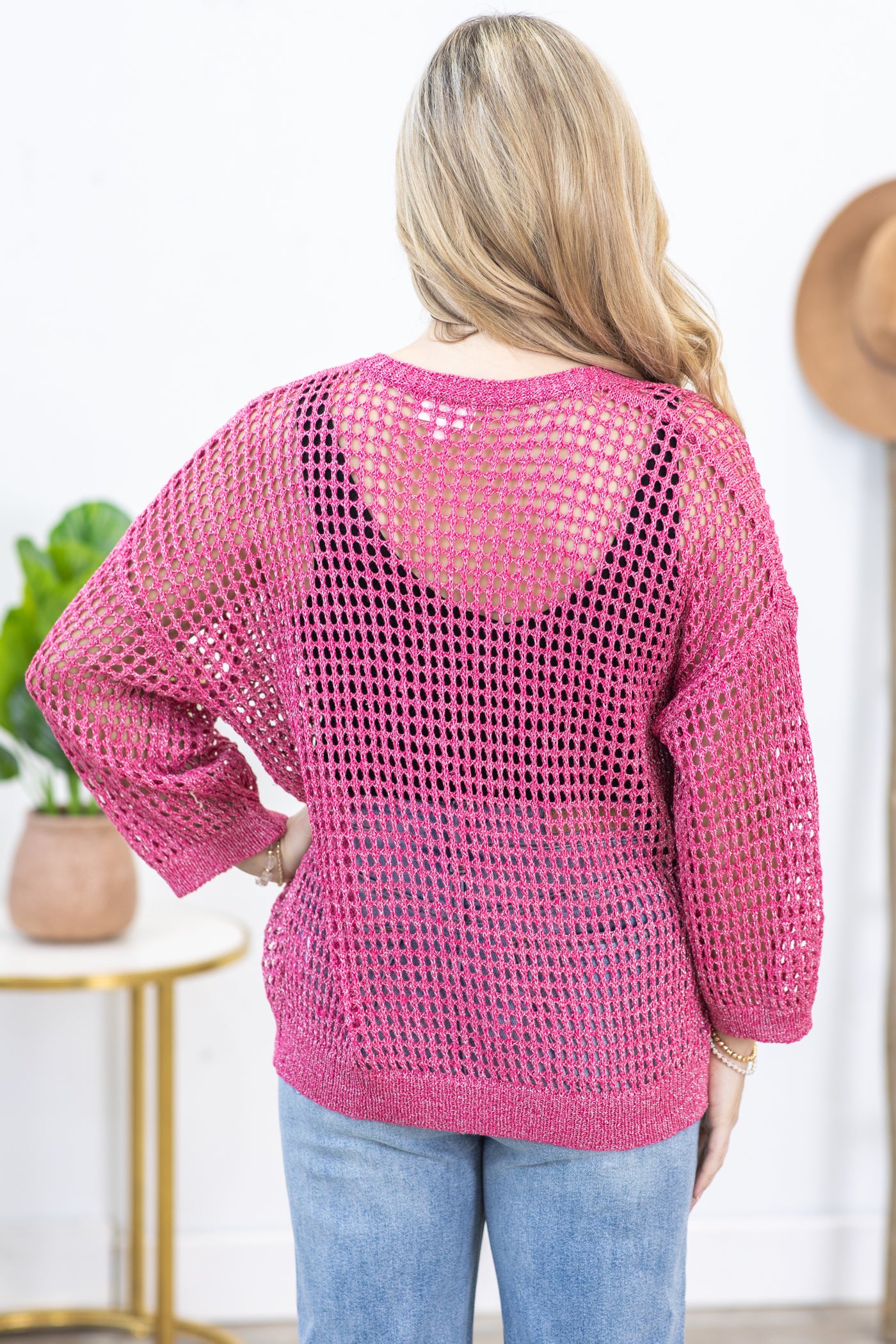 Hot Pink Crochet Open Cardigan With Lurex