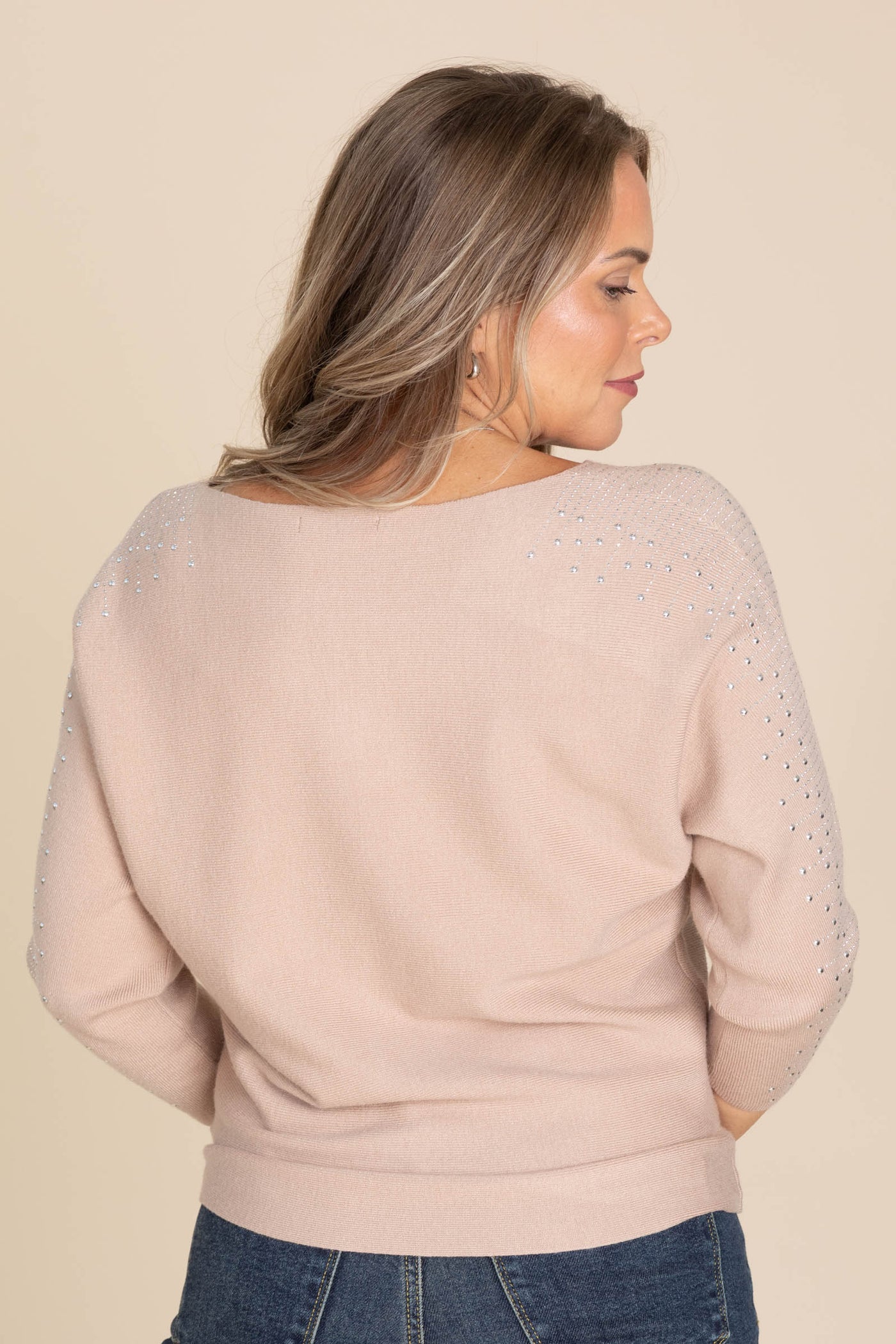 Taupe Stone Boat Neck 3/4 Sleeve Knit Sweater