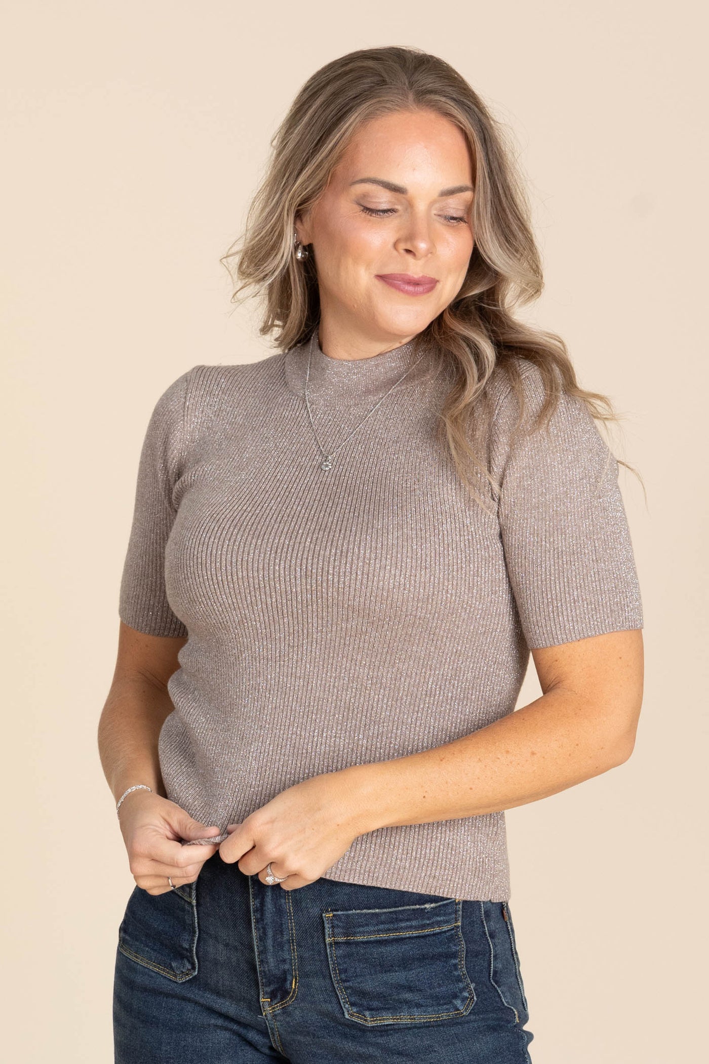 Light Mocha Glitter Mock Neck Knit Top