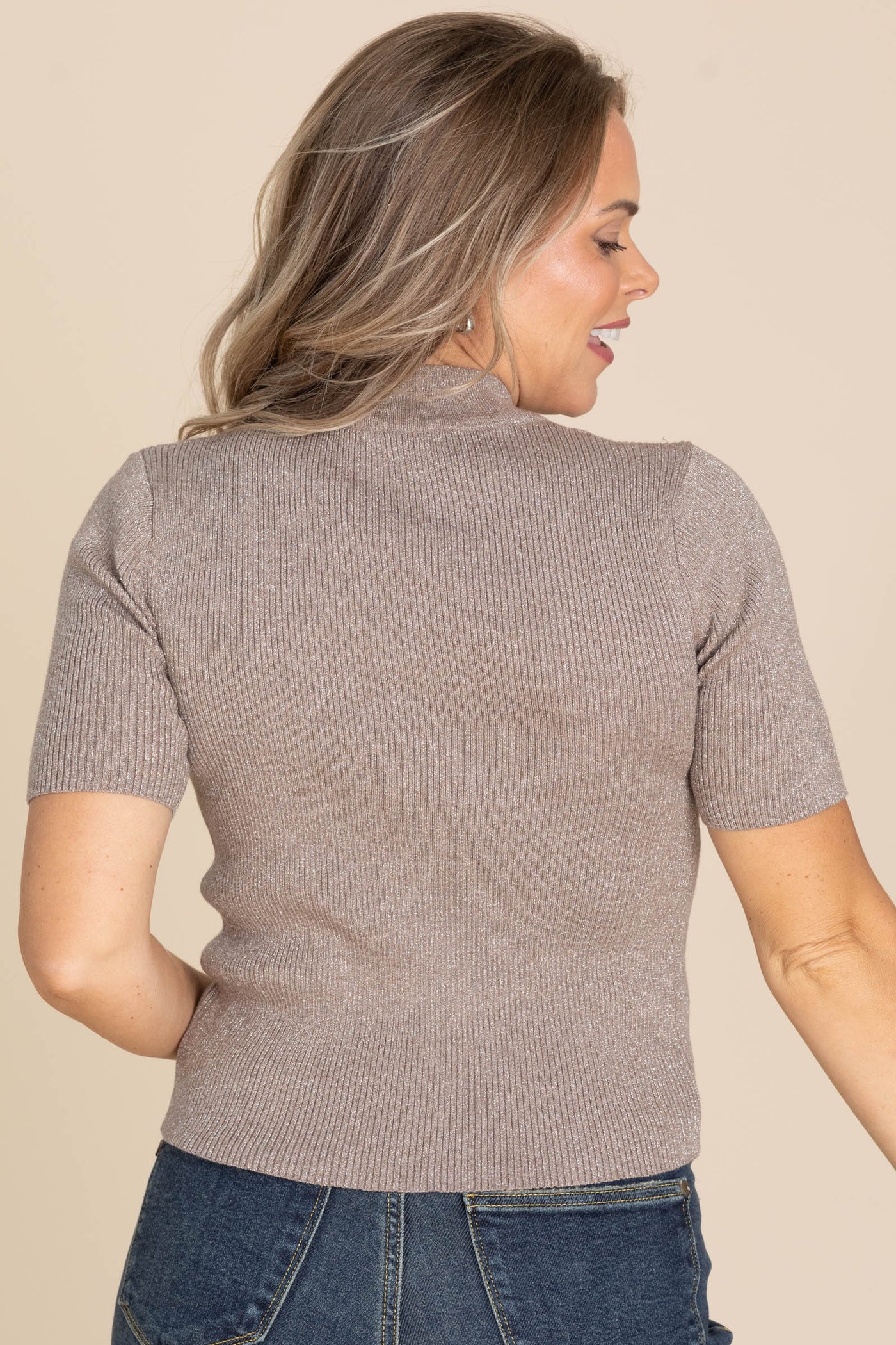 Light Mocha Glitter Mock Neck Knit Top