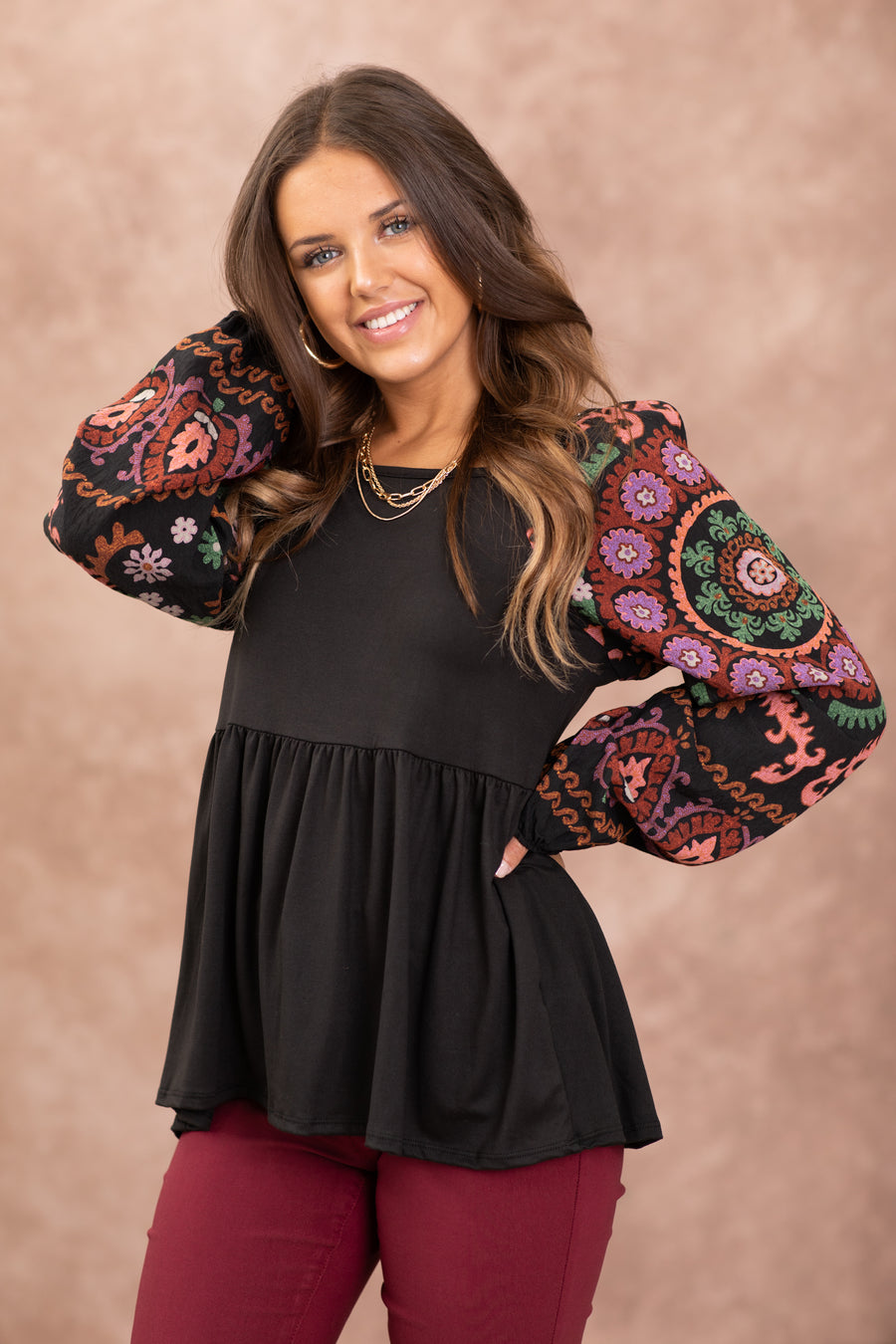 Black Abstract Floral Print Sleeve Top