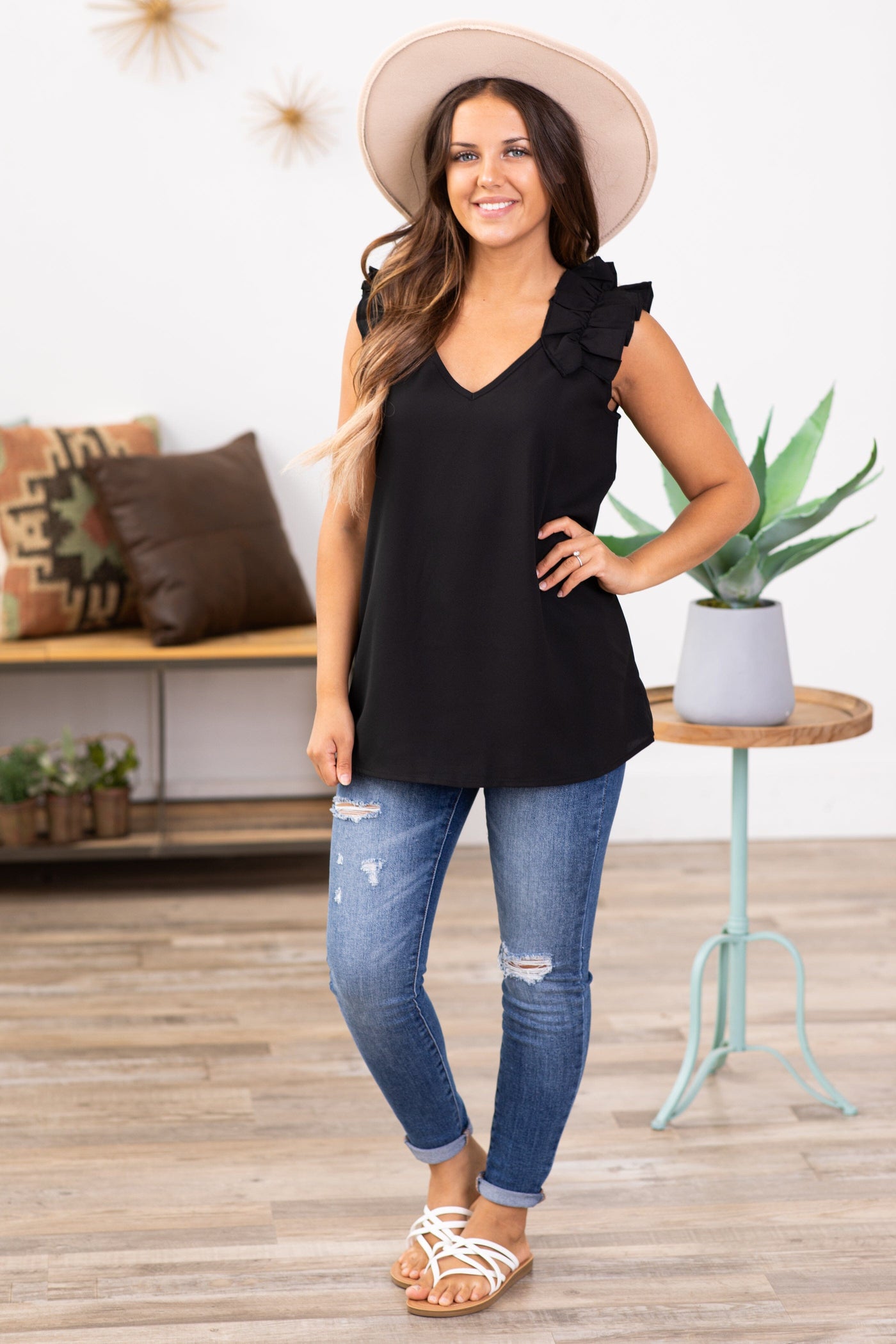 Black V-Neck Tank With Ruffle Shoulder - Filly Flair