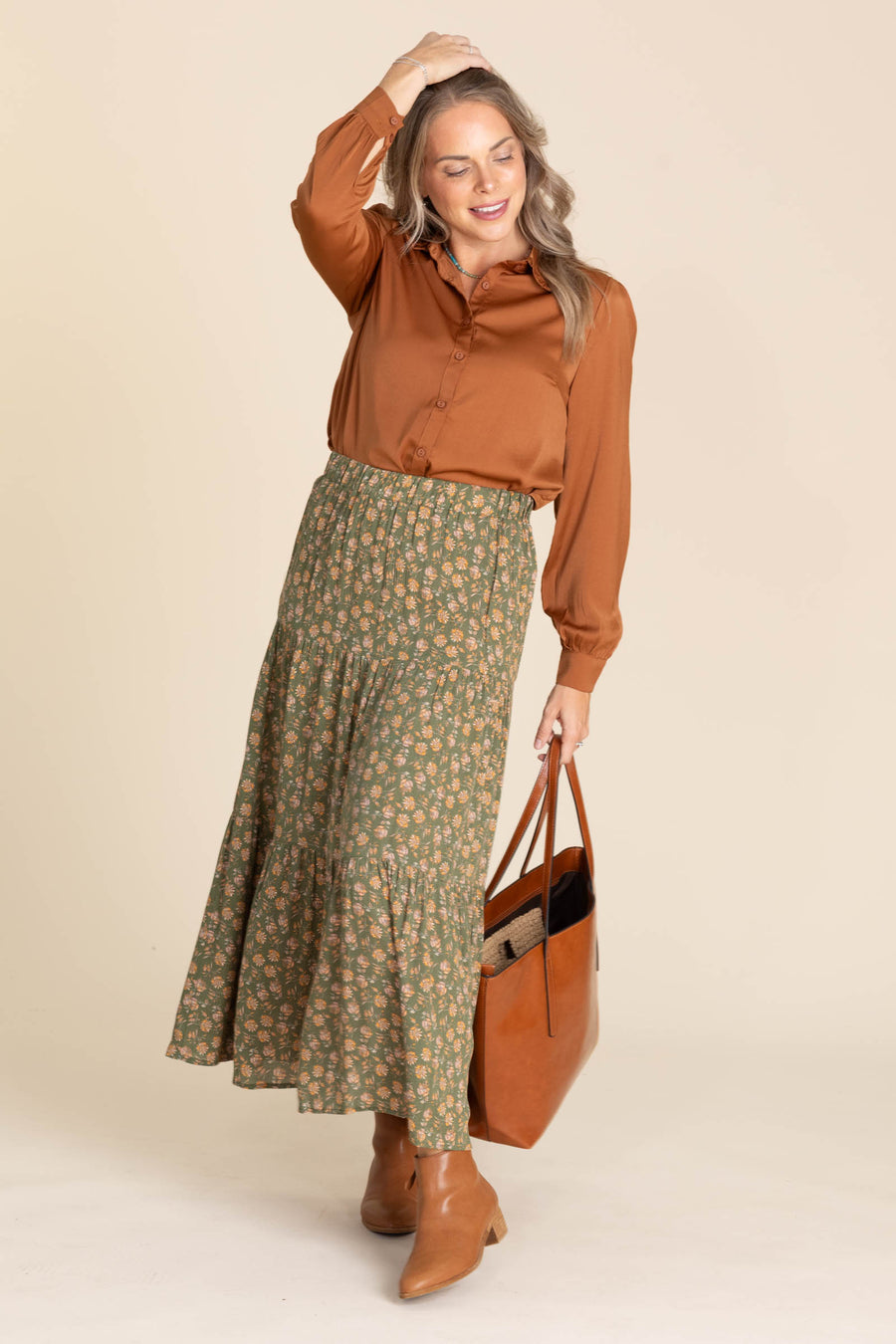 Olive Floral Tiered Maxi Skirt With Elastic