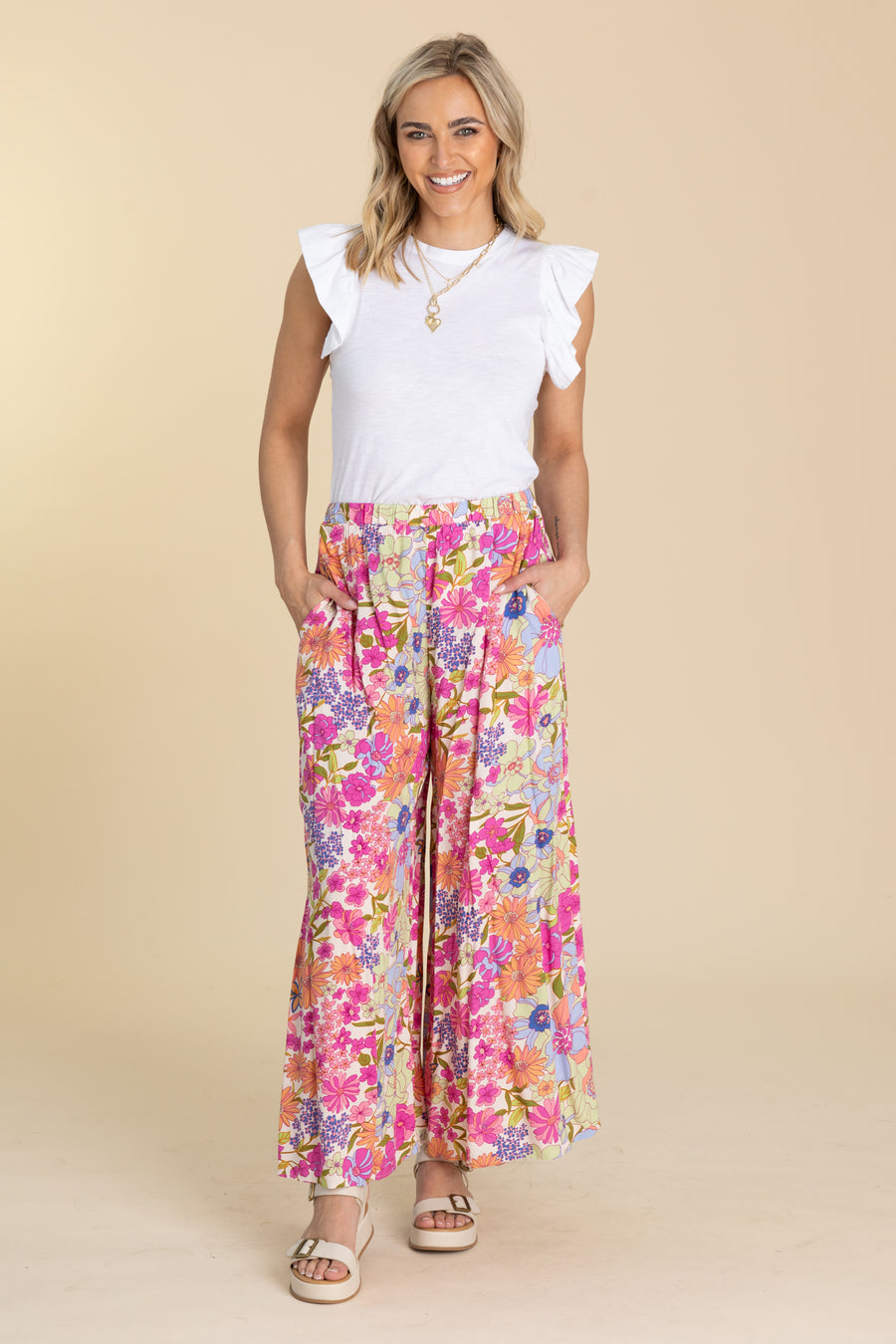 Pink Floral Printed Palazzo Elastic Pants