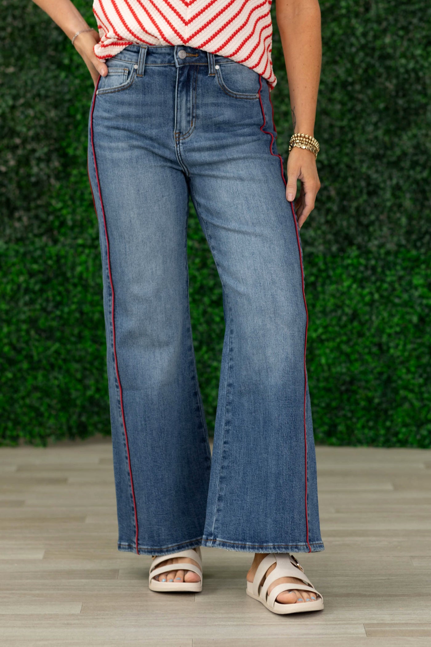 Medium Wash Red Side Piping Wide Leg Crop Jeans