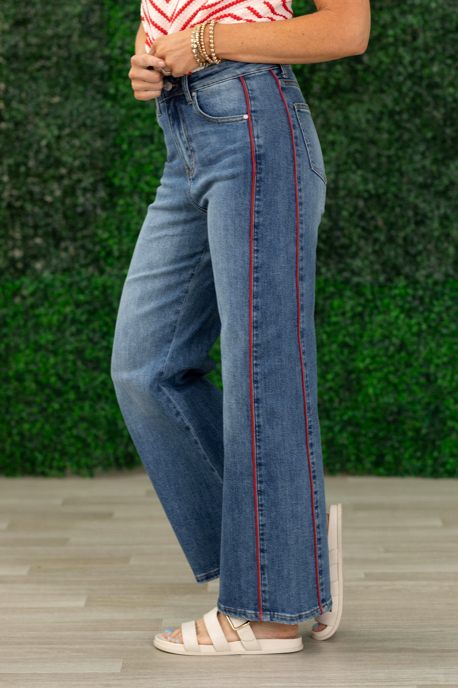 Medium Wash Red Side Piping Wide Leg Crop Jeans