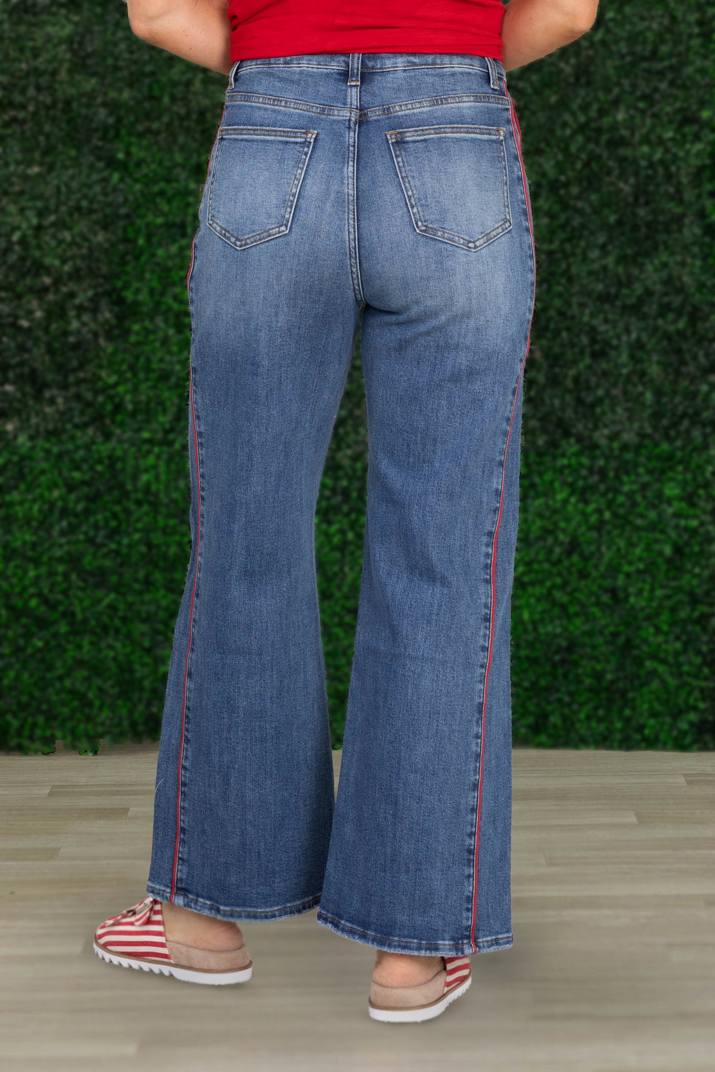 Medium Wash Red Side Piping Wide Leg Crop Jeans