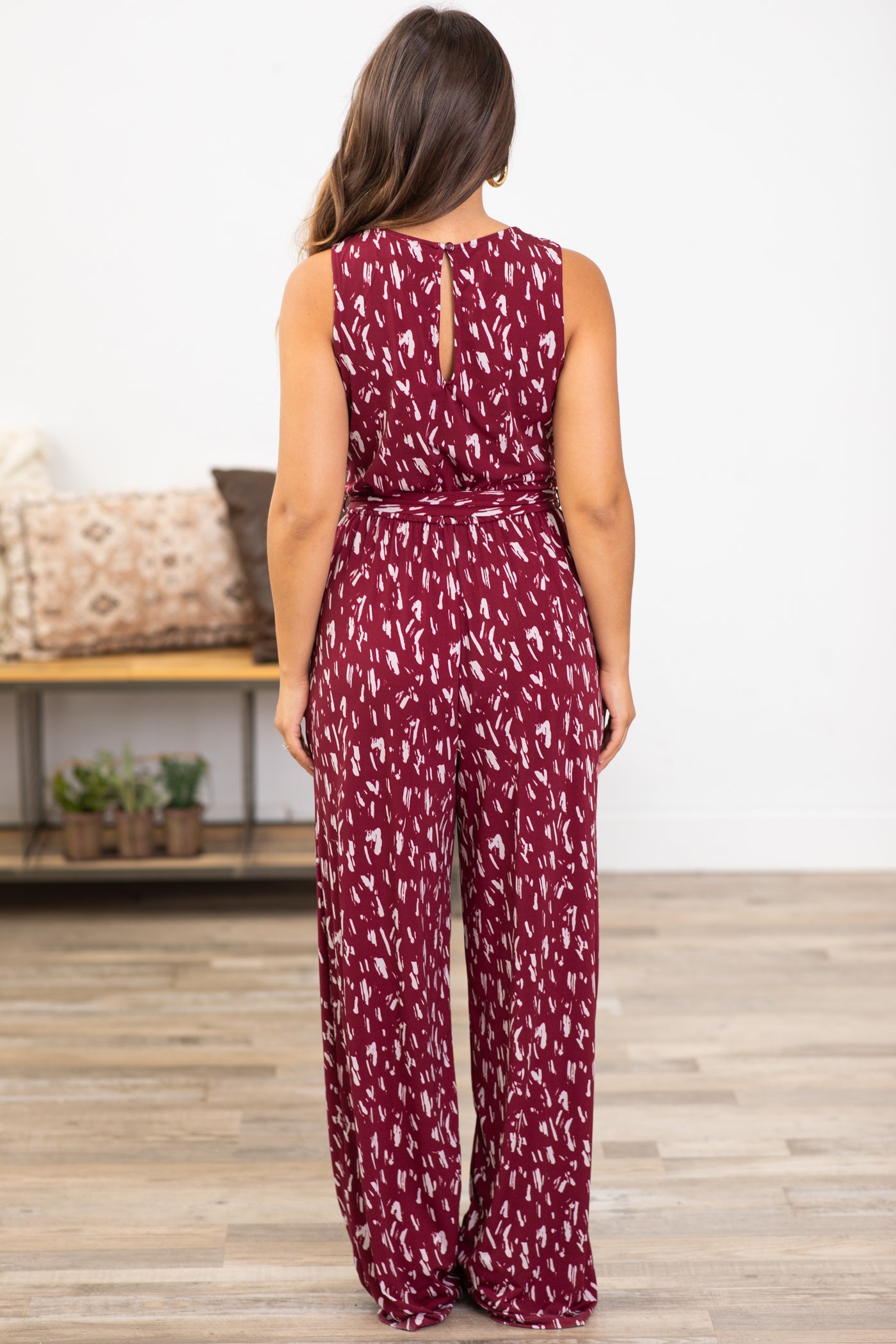 Berry Abstract Print Jumpsuit With Pockets