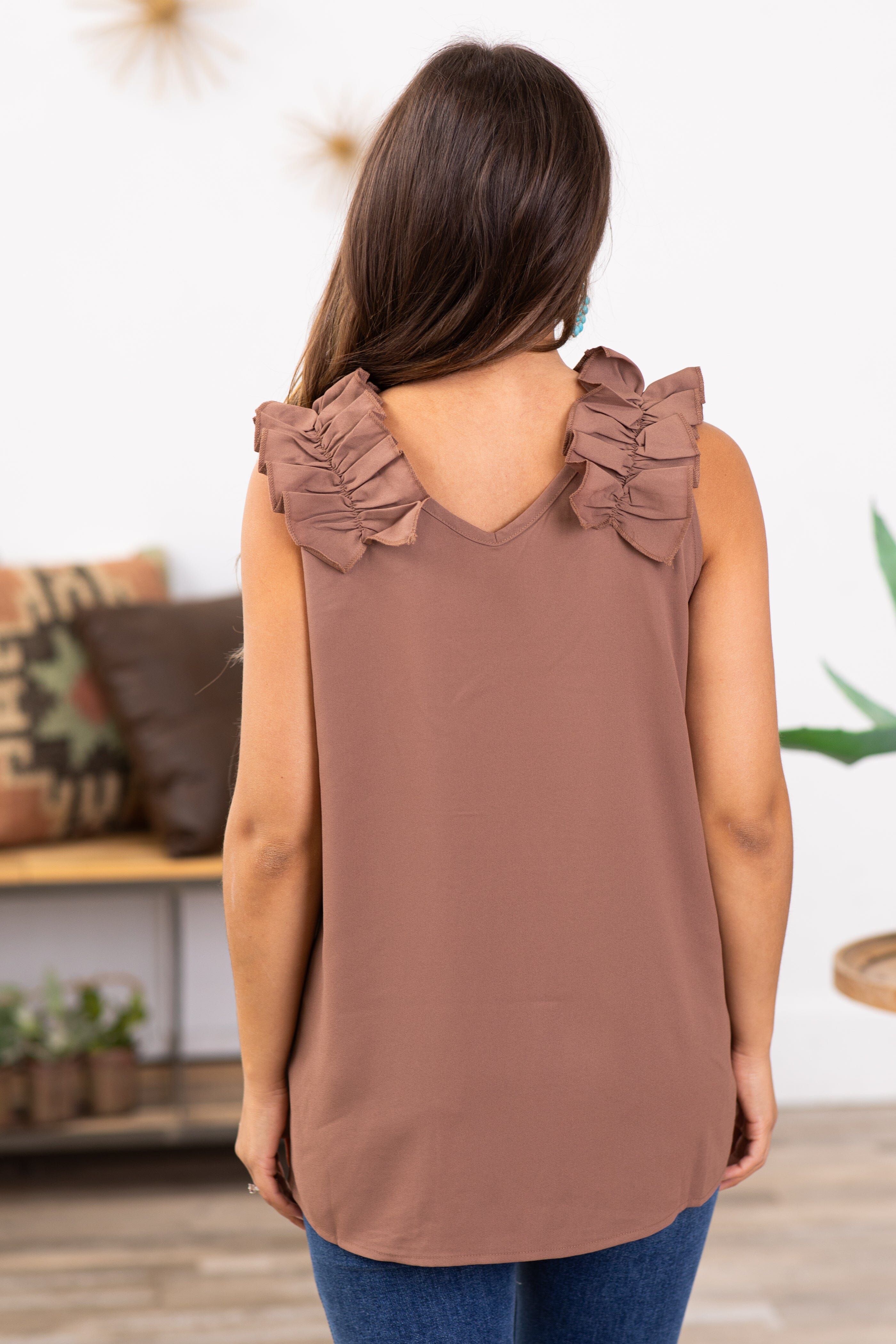 Mocha V-Neck Tank With Ruffle Shoulder - Filly Flair