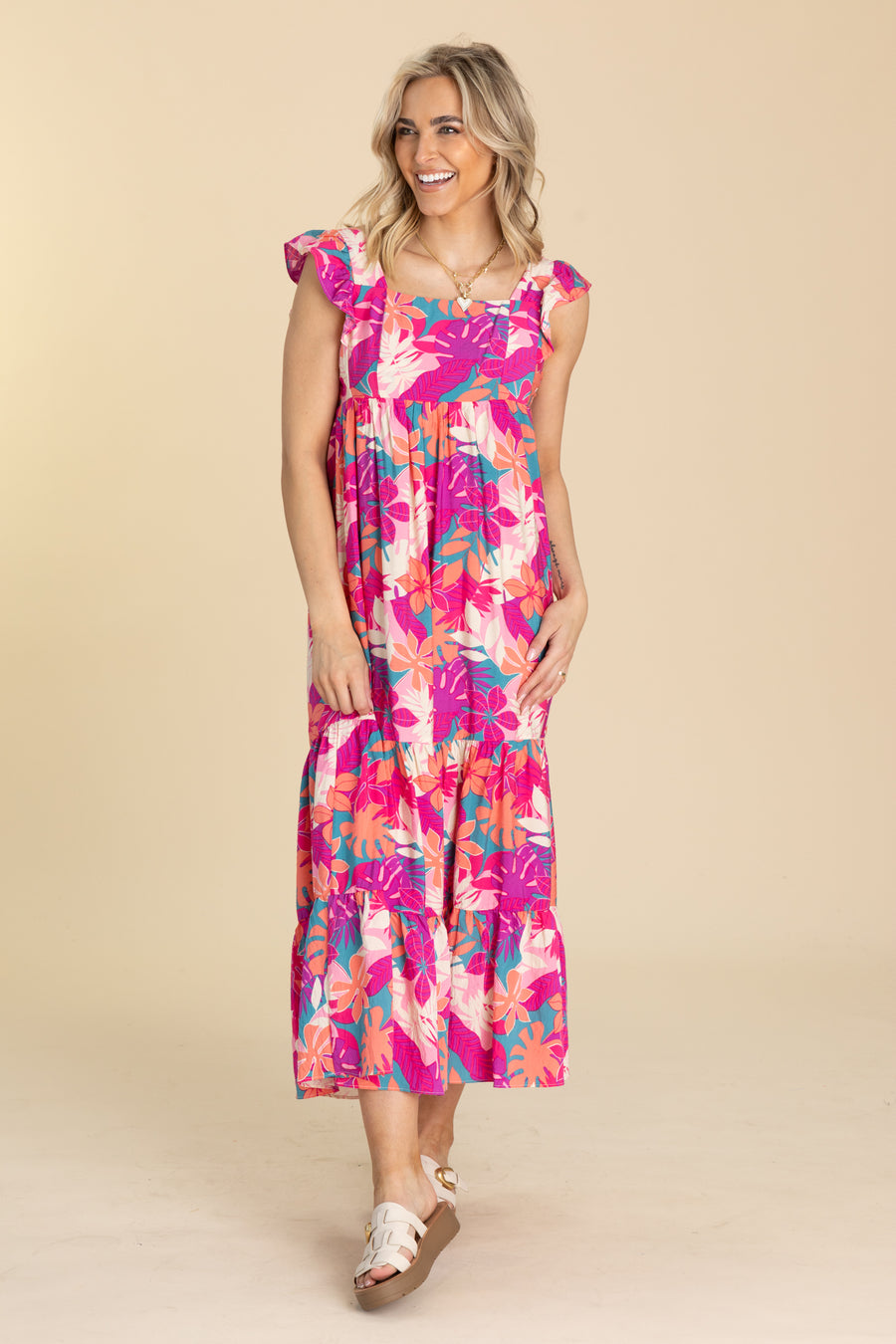 Hot Pink And Coral Floral Tiered Midi Dress · Filly Flair