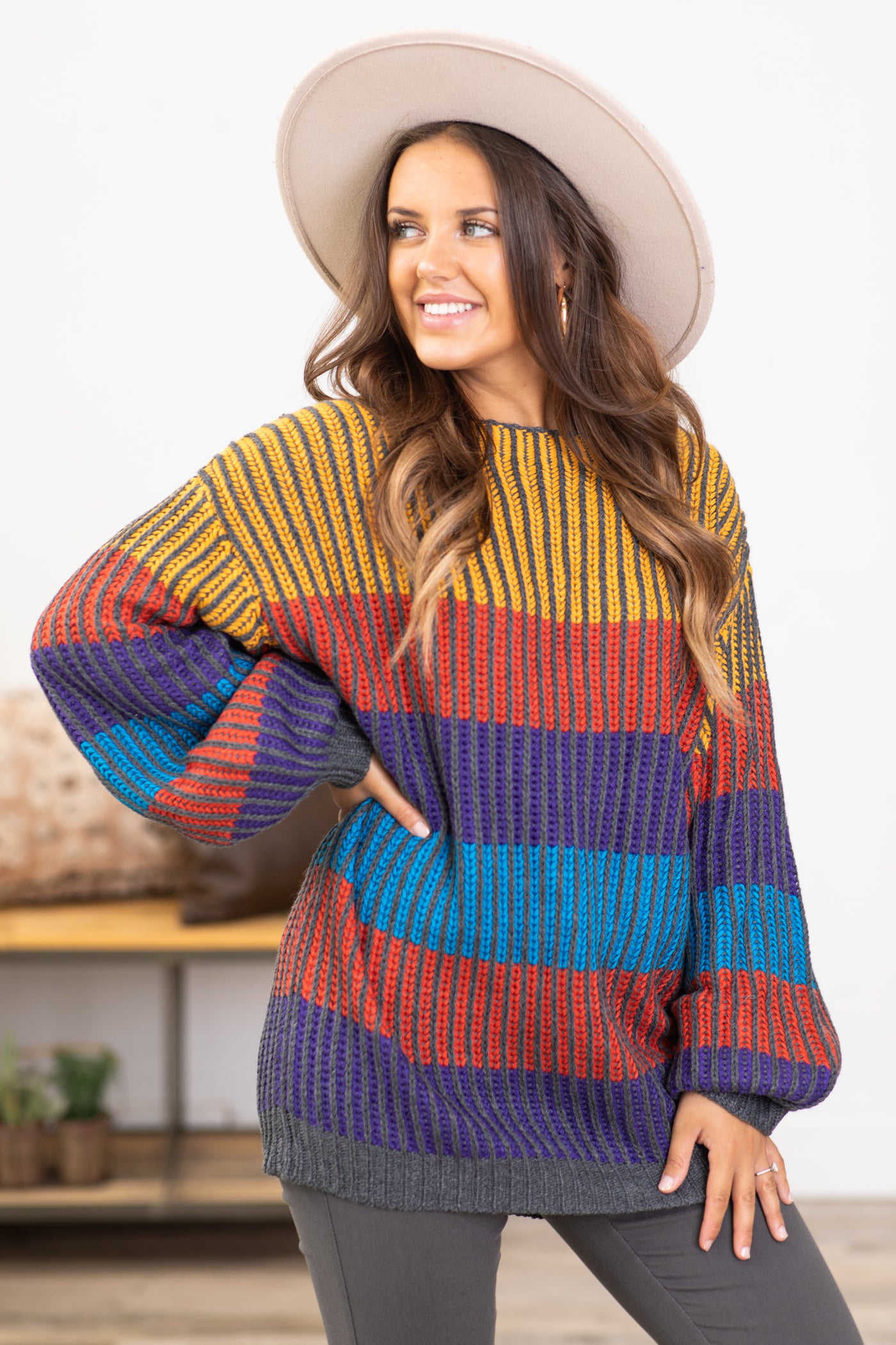Mustard Multicolor Ribbed Stripe Sweater