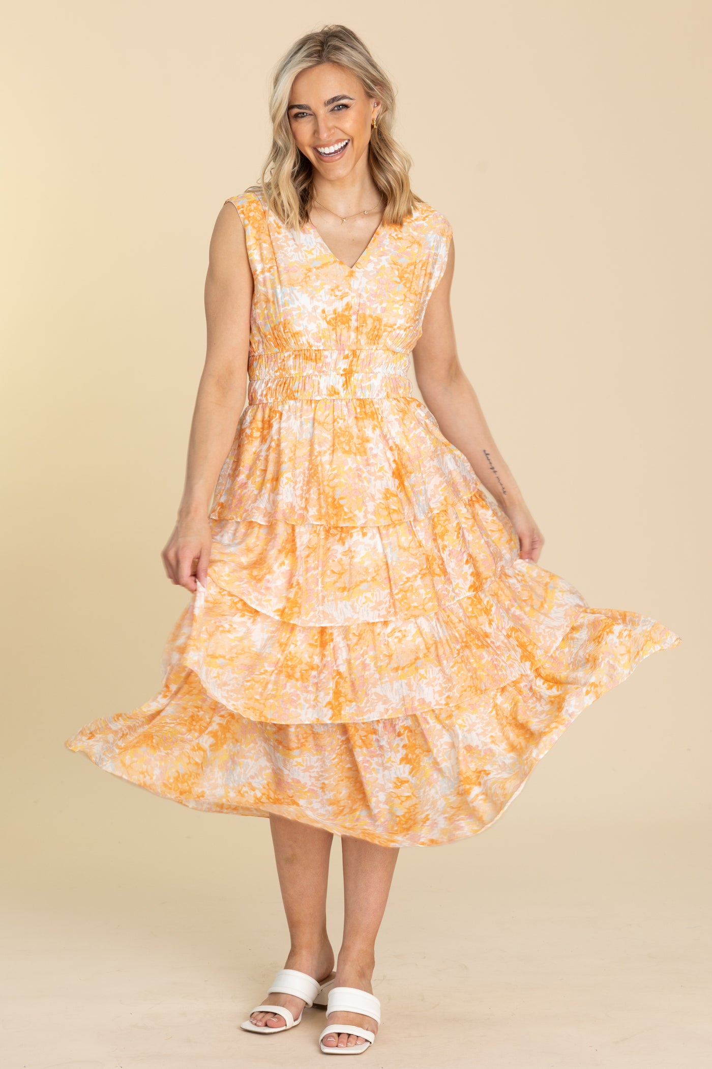Orange Floral Smocked Waist Tiered Tank Dress Orange Floral Smocked Waist Tiered Tank Dress