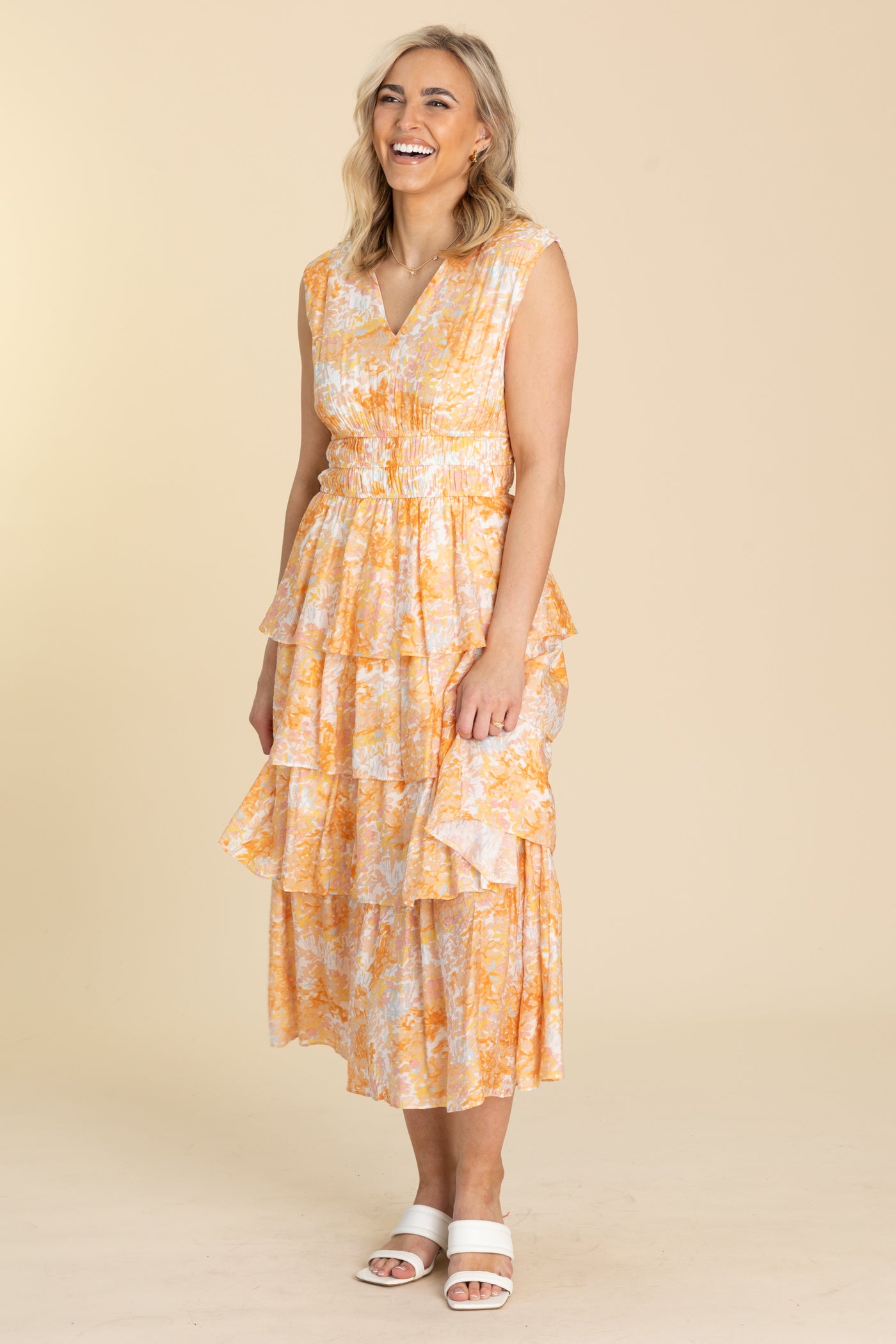 Orange Floral Smocked Waist Tiered Tank Dress Orange Floral Smocked Waist Tiered Tank Dress