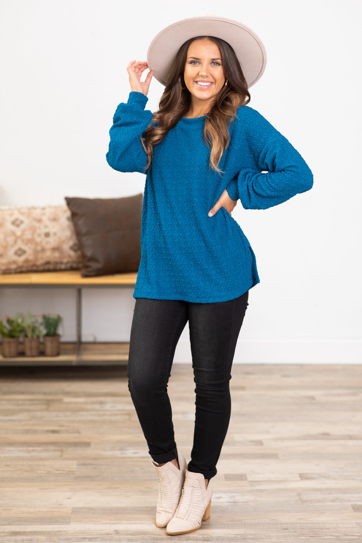 Dark Teal Textured Top With Side Slits