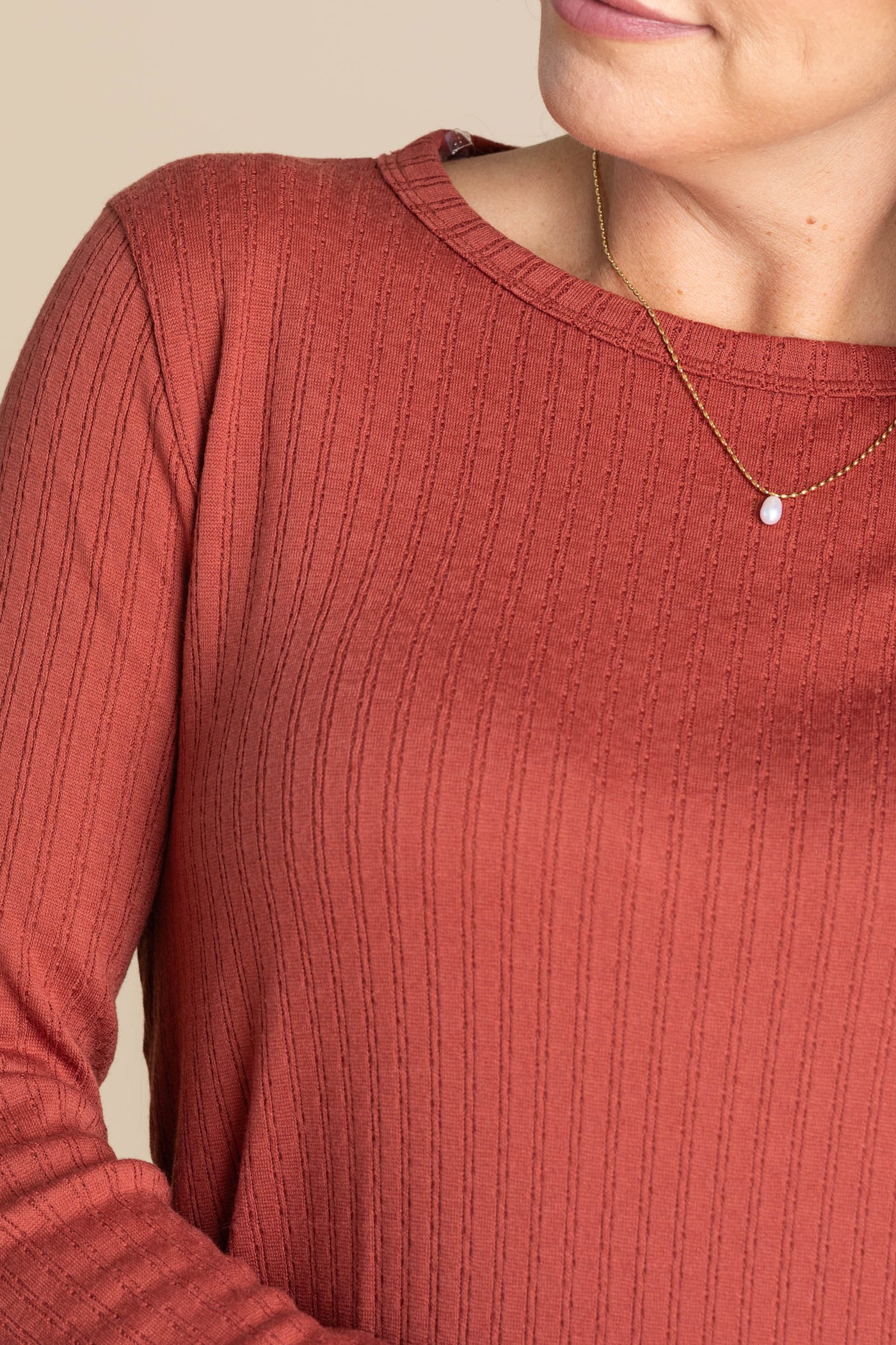 Crewneck Long Sleeve Pointelle Knit Top