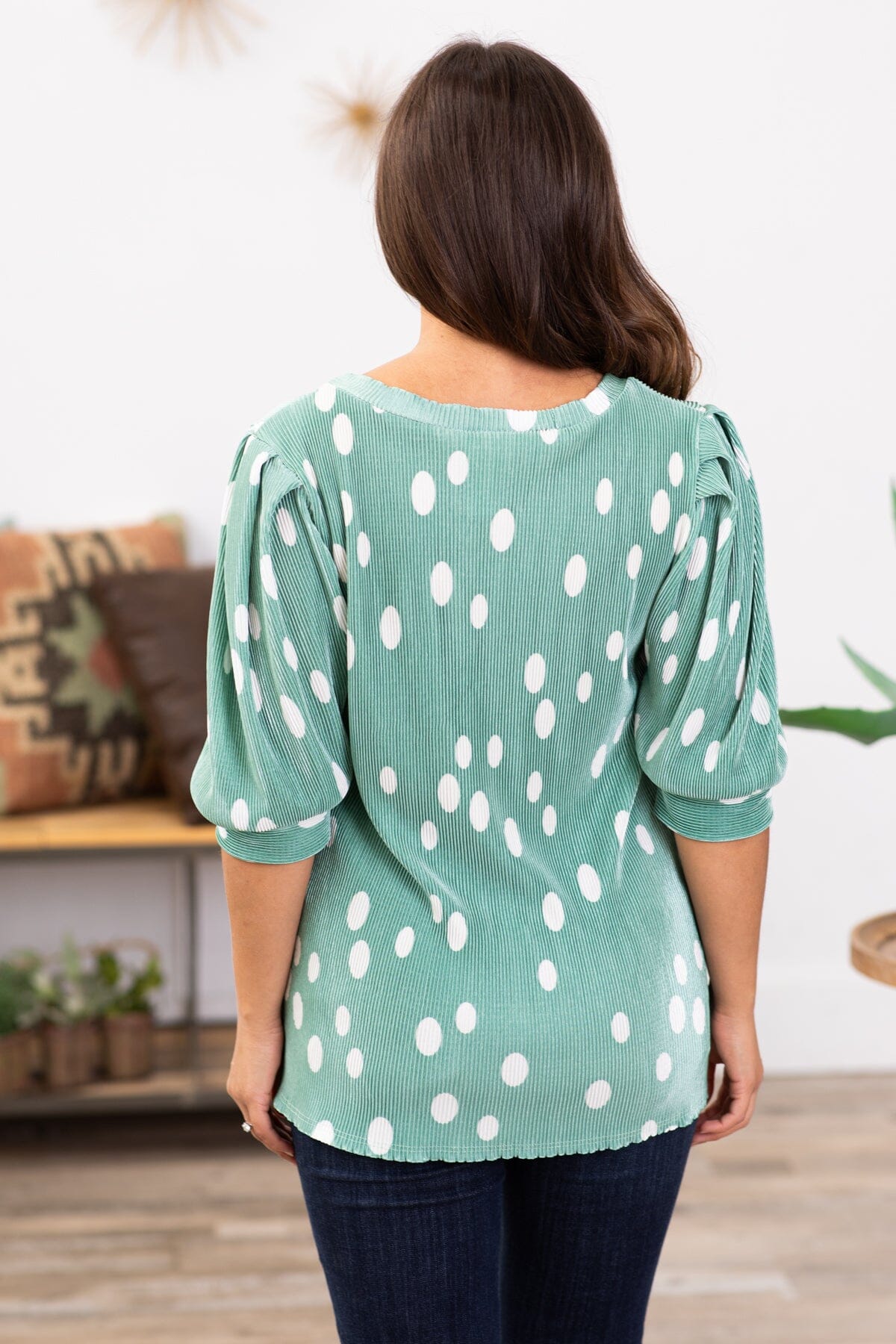 Mint and White Crystal Pleat Polka Dot Top - Filly Flair