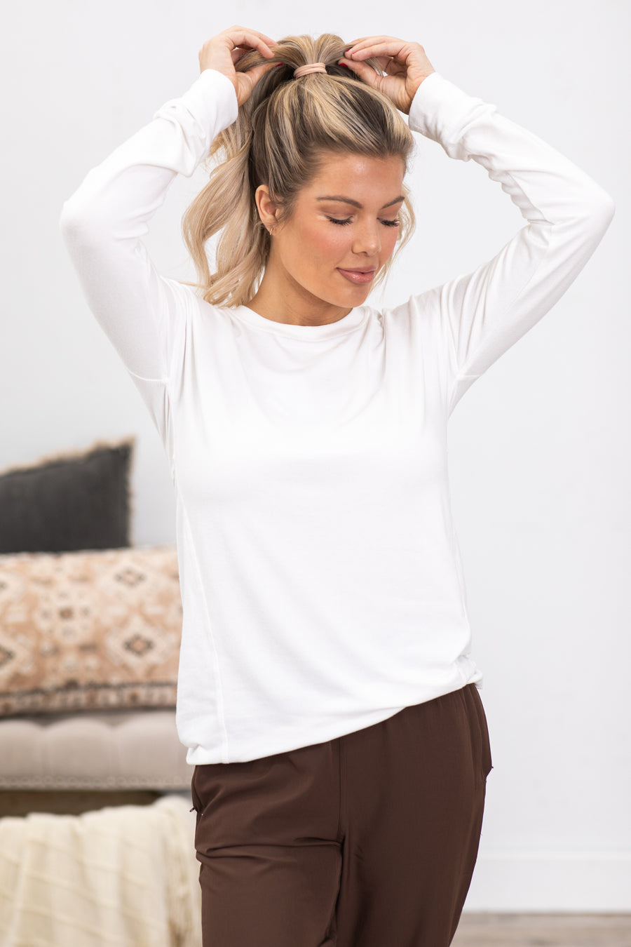 Off White Brushed Crewneck Long Sleeve Top