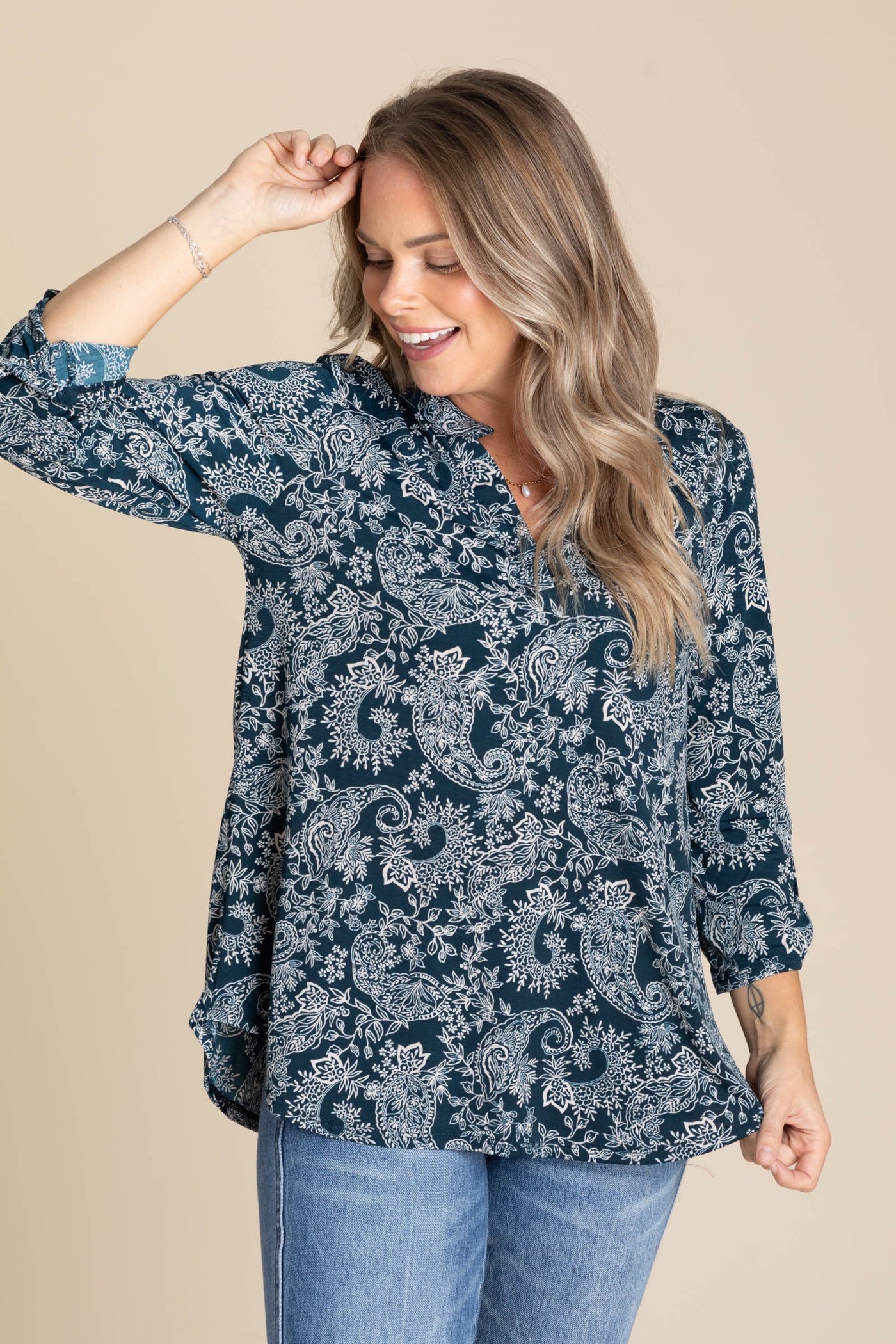 Navy Print Lizzy Wrinkle Free Top