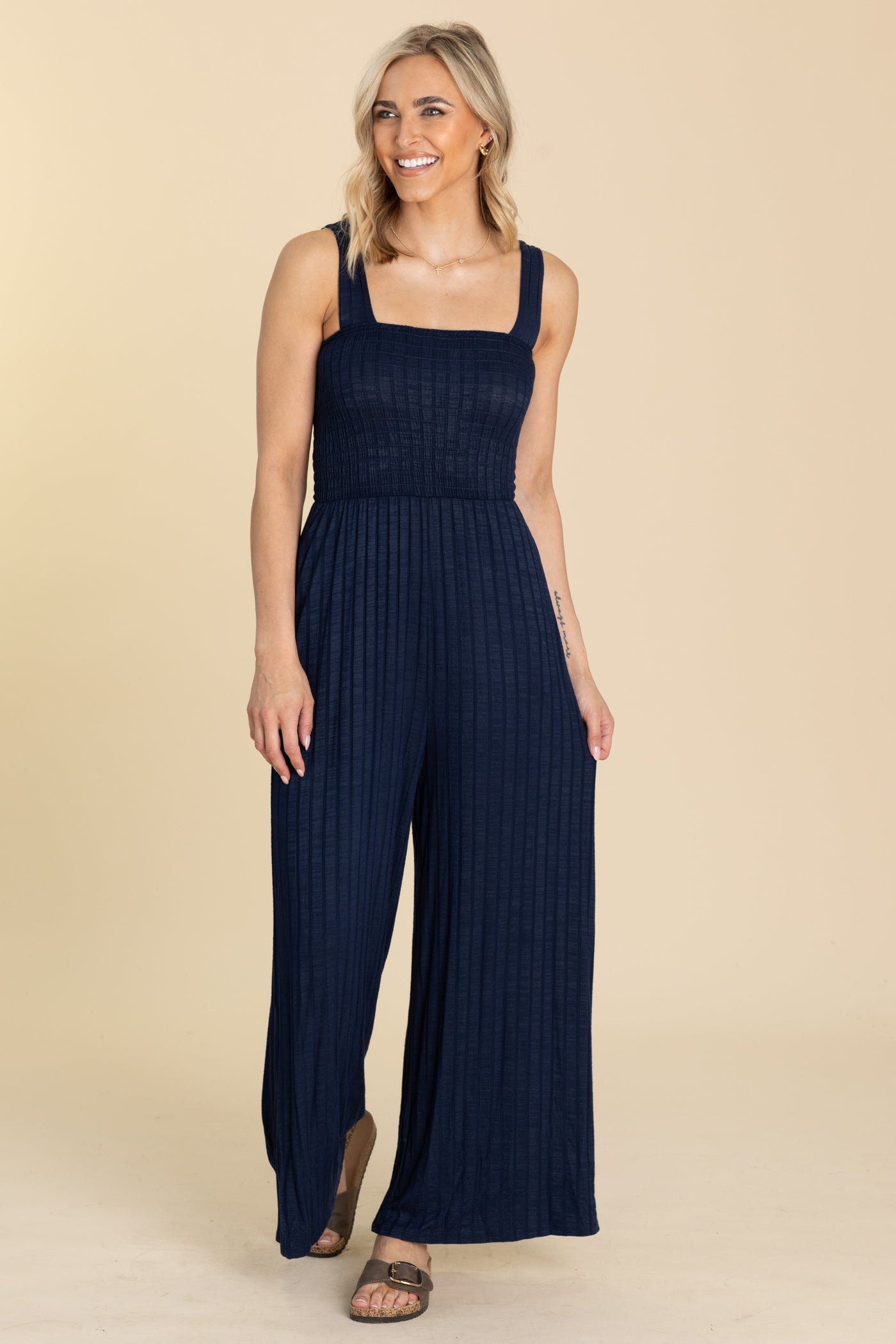 Navy Wide Leg Smocked Bodice Jumpsuit · Filly Flair