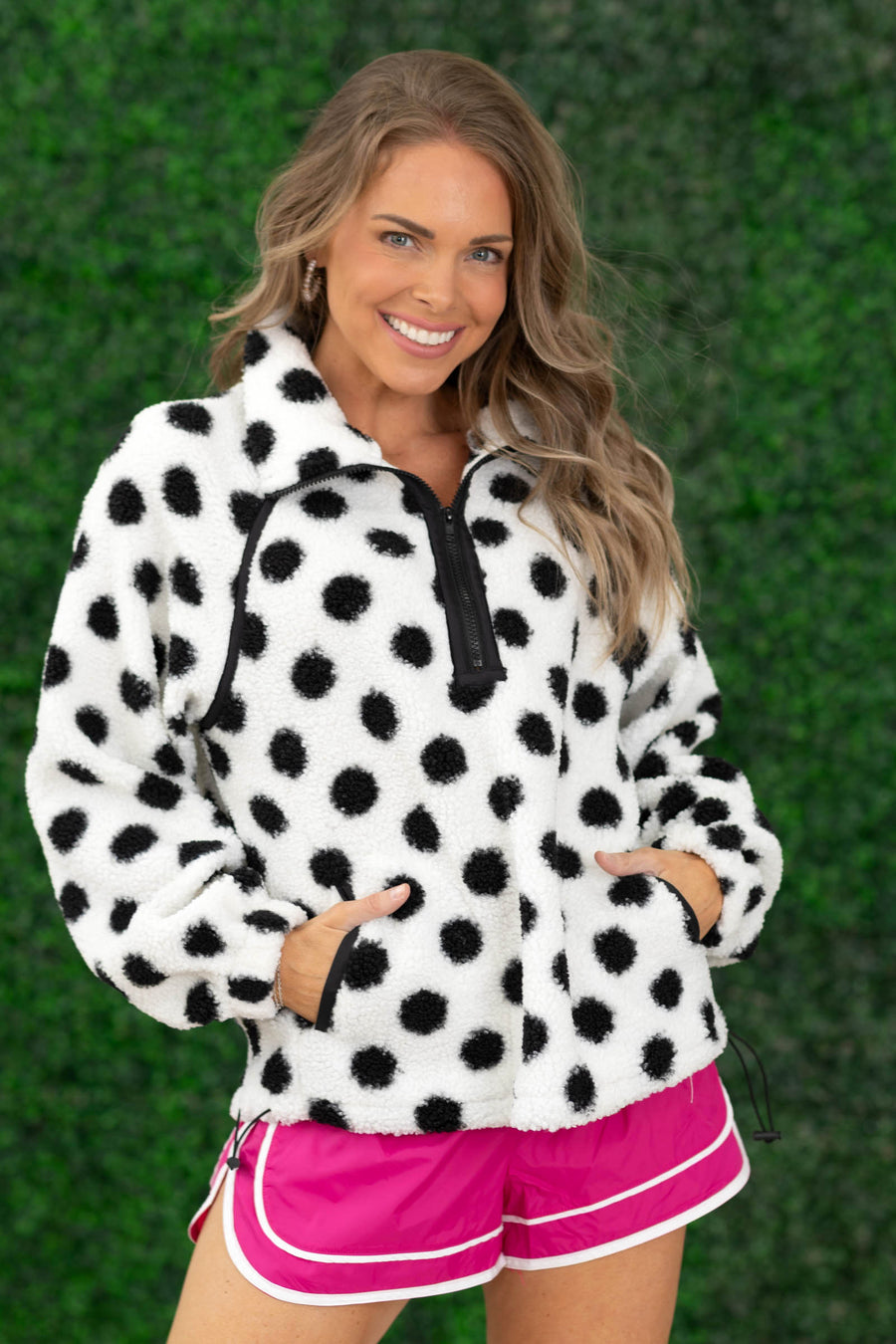 White Fleece Dots Half Zip Sweatshirt