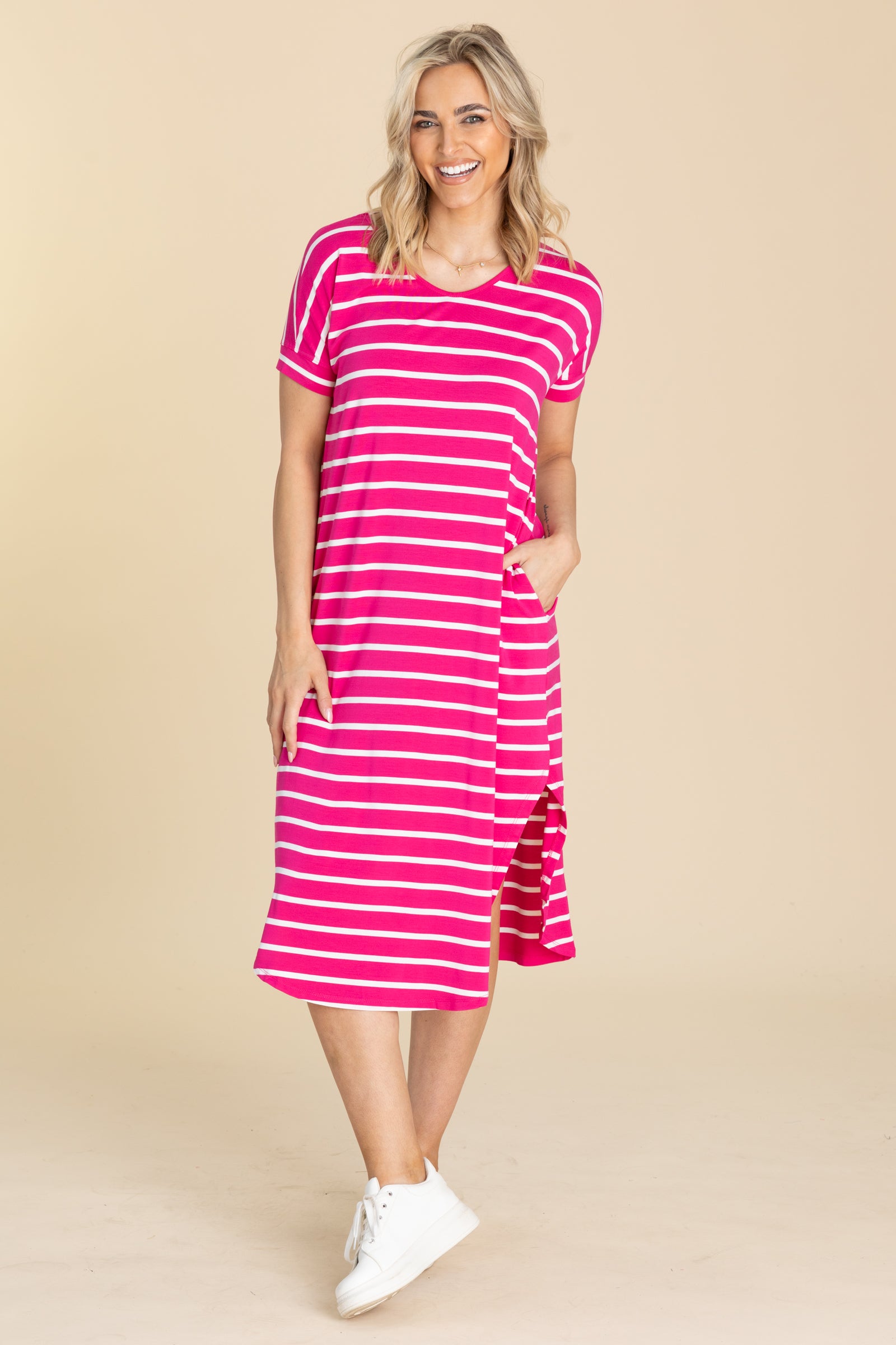 Striped Curved Hem Midi Dress With Pockets Striped Curved Hem Midi Dress With Pockets