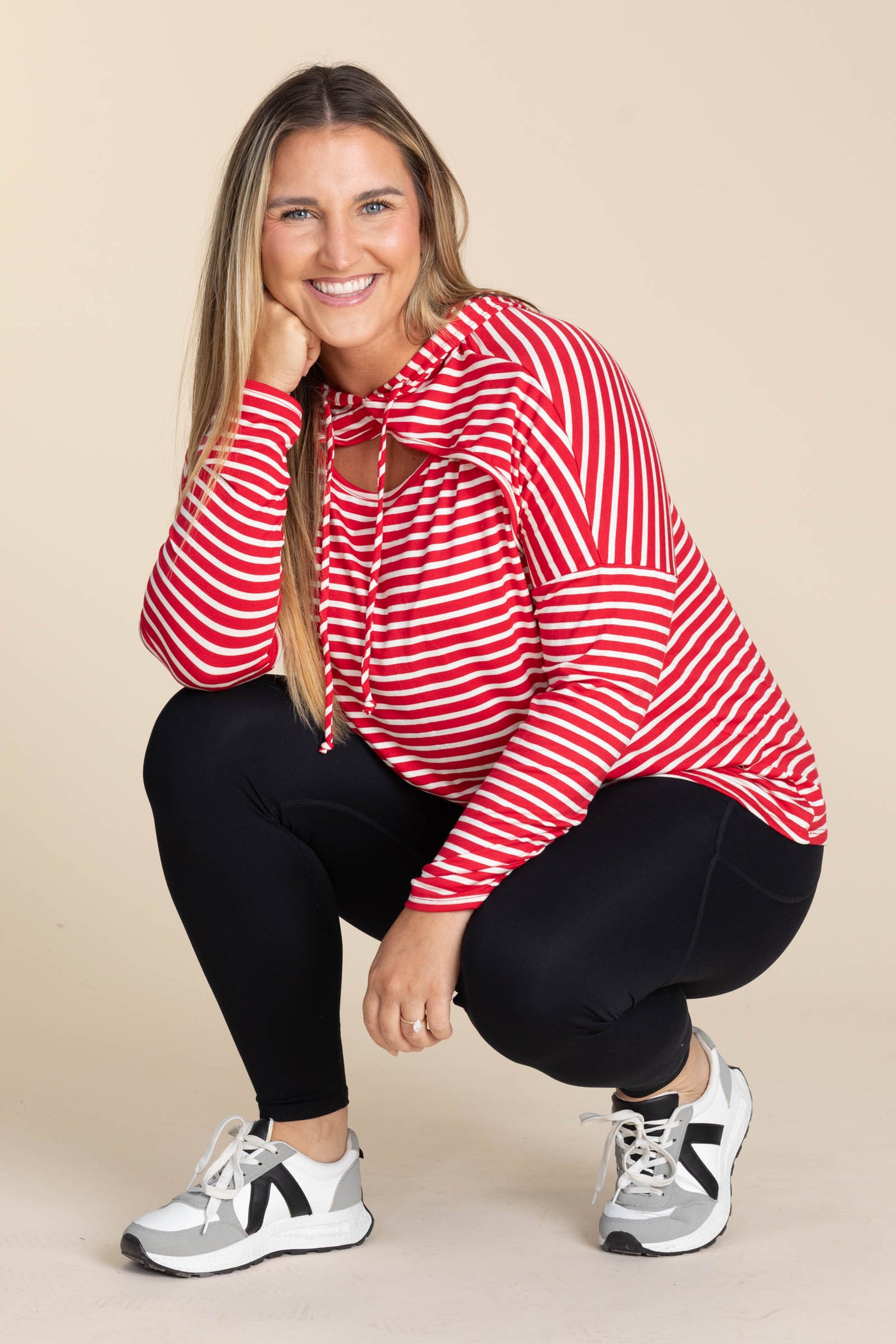 Striped Keyhole Knit Hoodie Tops