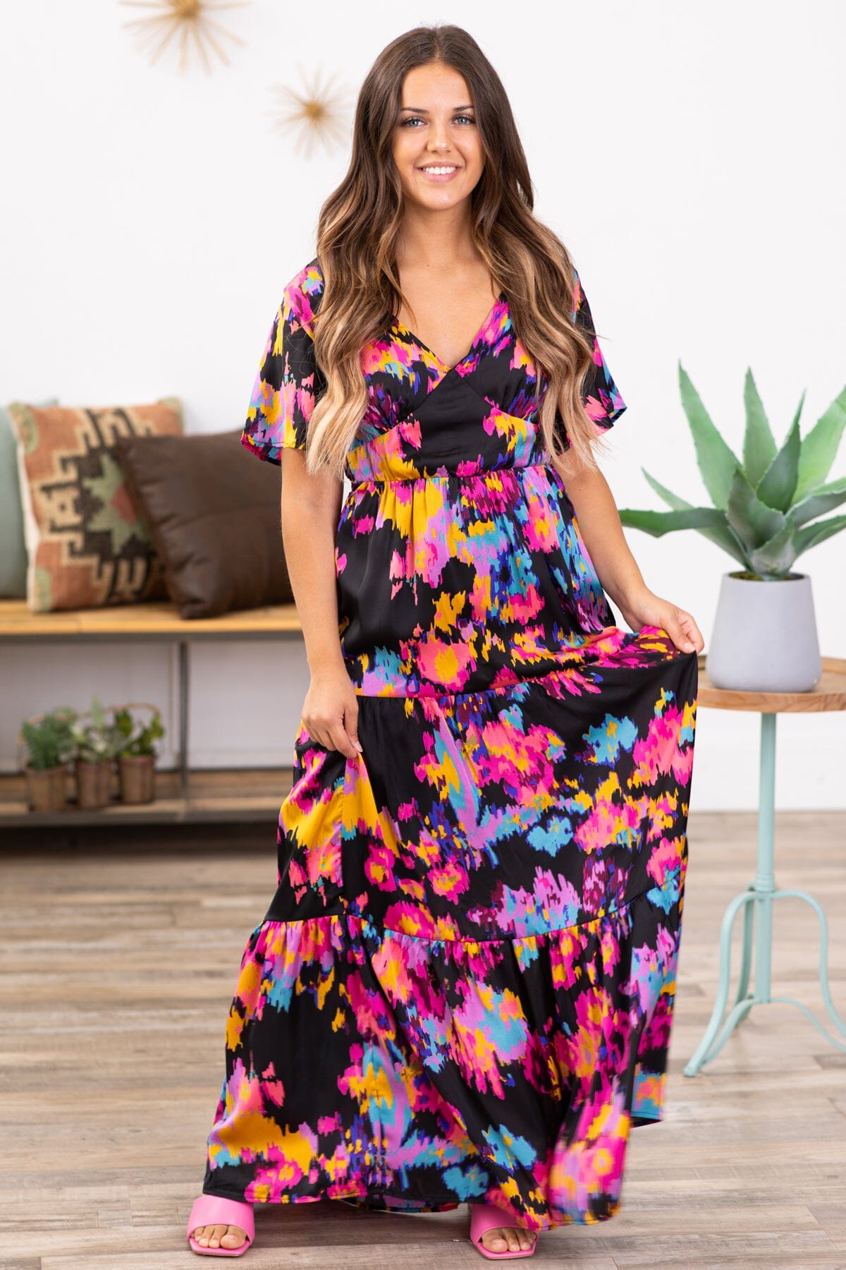 Black Multicolor Abstract Floral Maxi Dress - Filly Flair