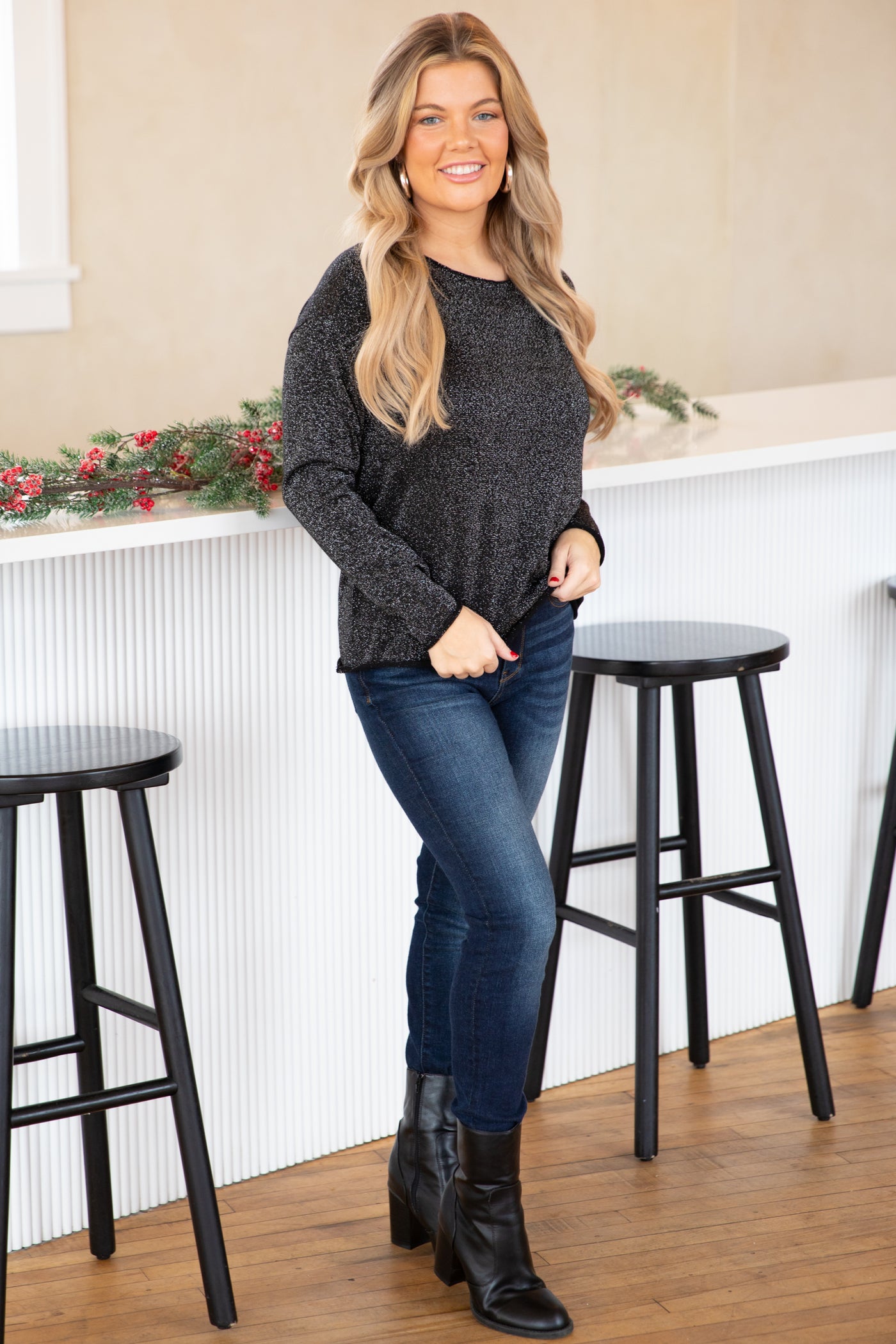 Black Boat Neck Sweater With Lurex