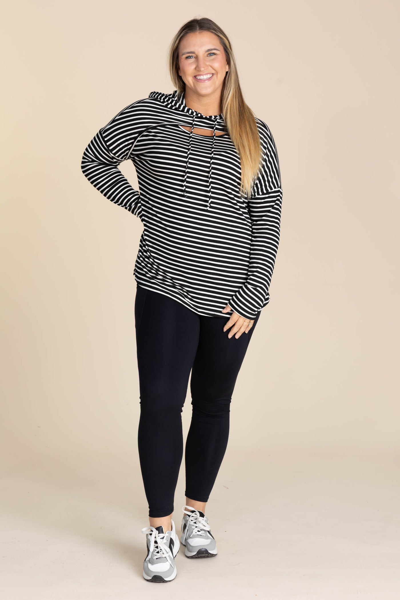 Striped Keyhole Knit Hoodie Tops