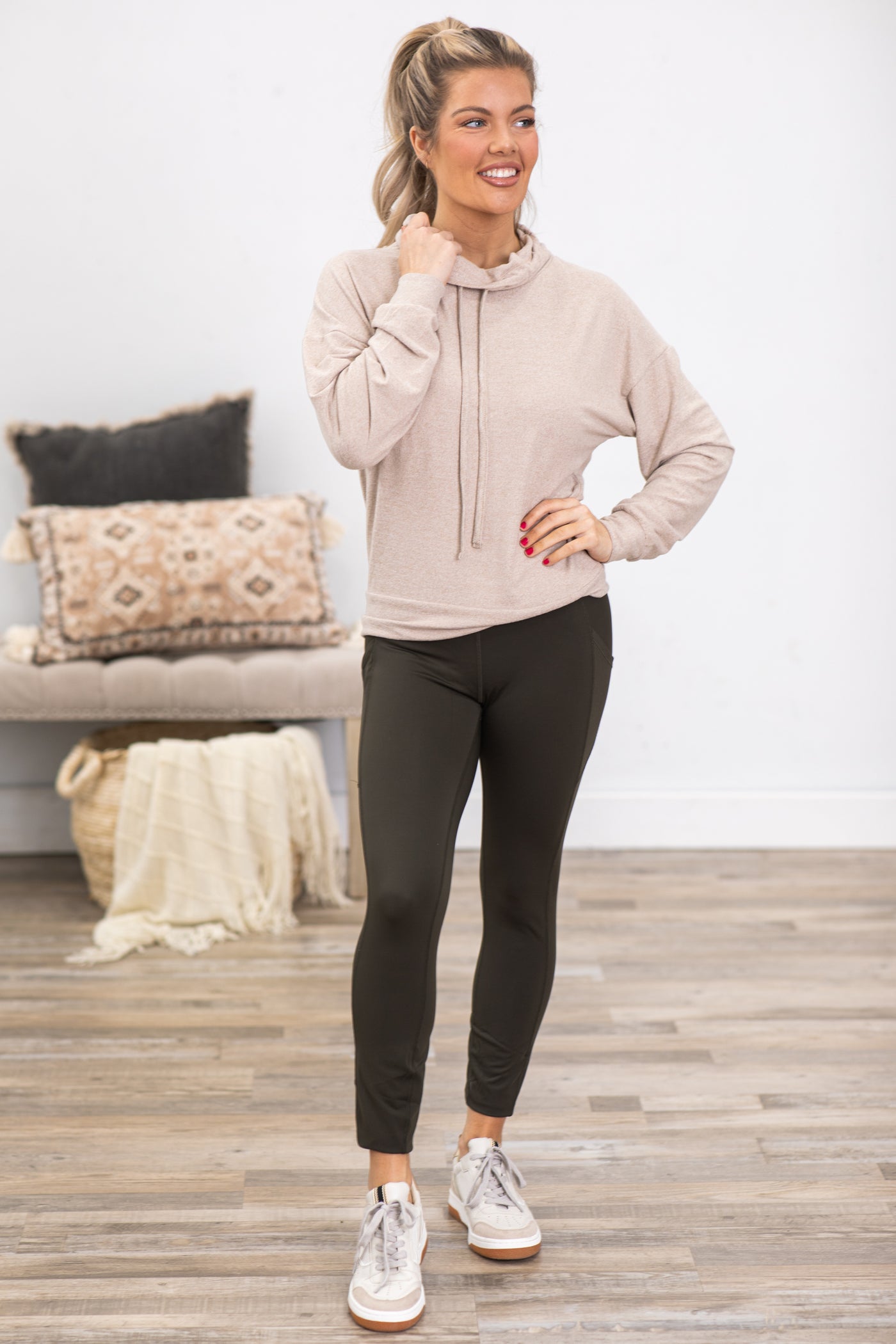Heathered Mocha Brushed Cowl Neck Pullover Top