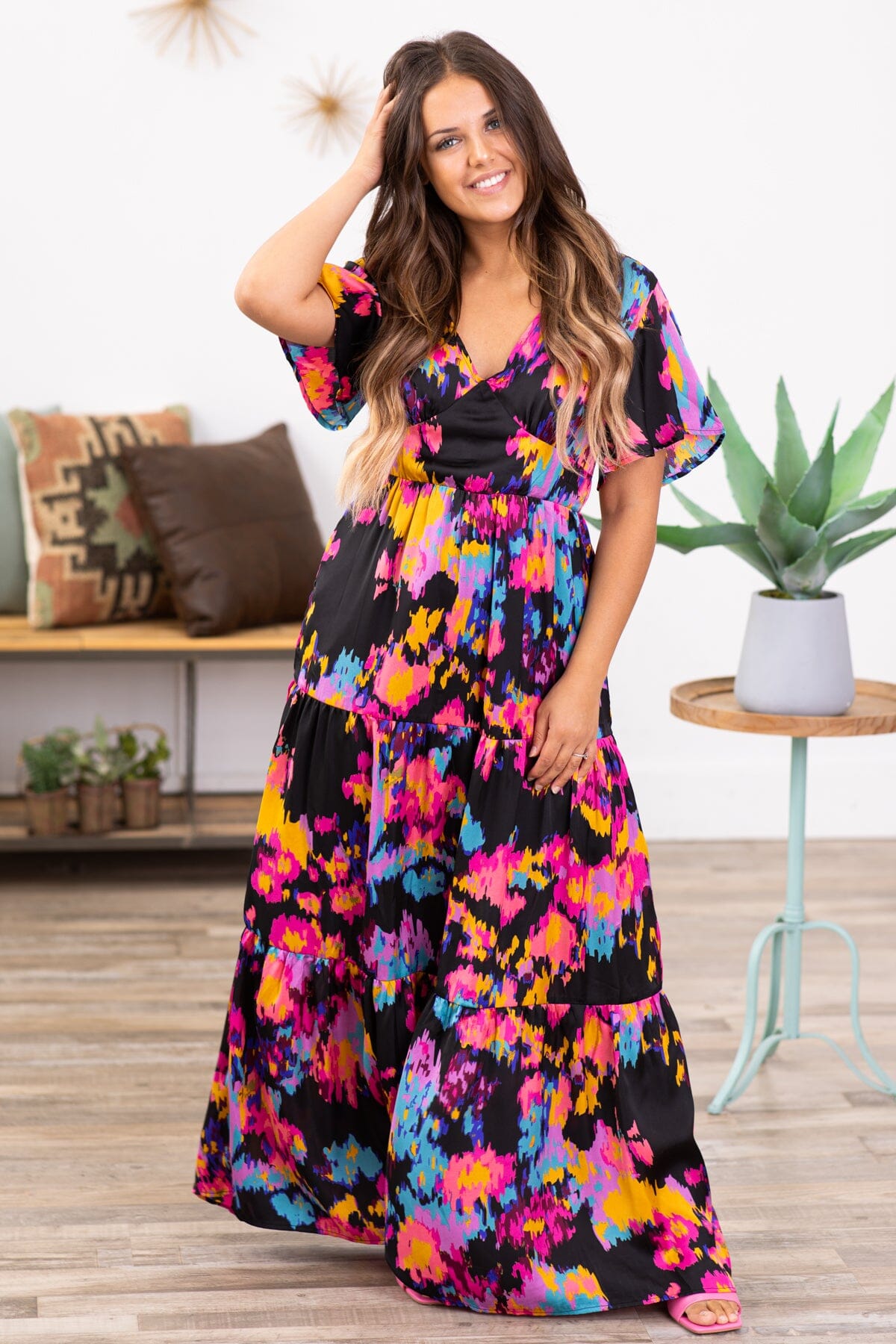 Black Multicolor Abstract Floral Maxi Dress - Filly Flair