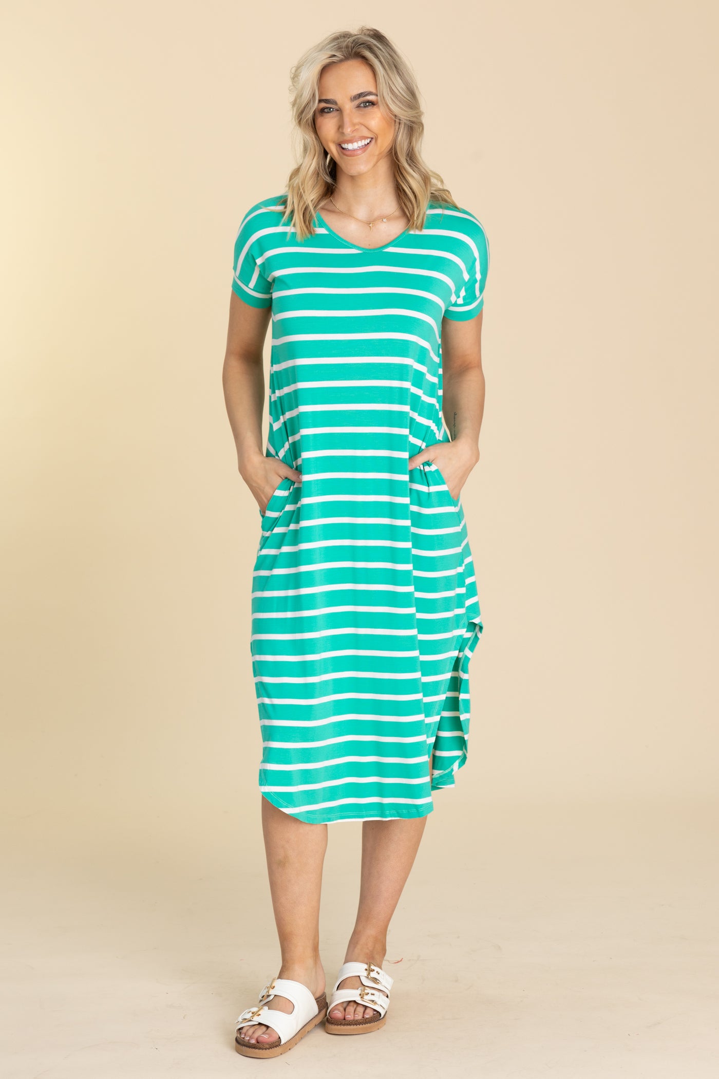 Striped Curved Hem Midi Dress With Pockets · Filly Flair