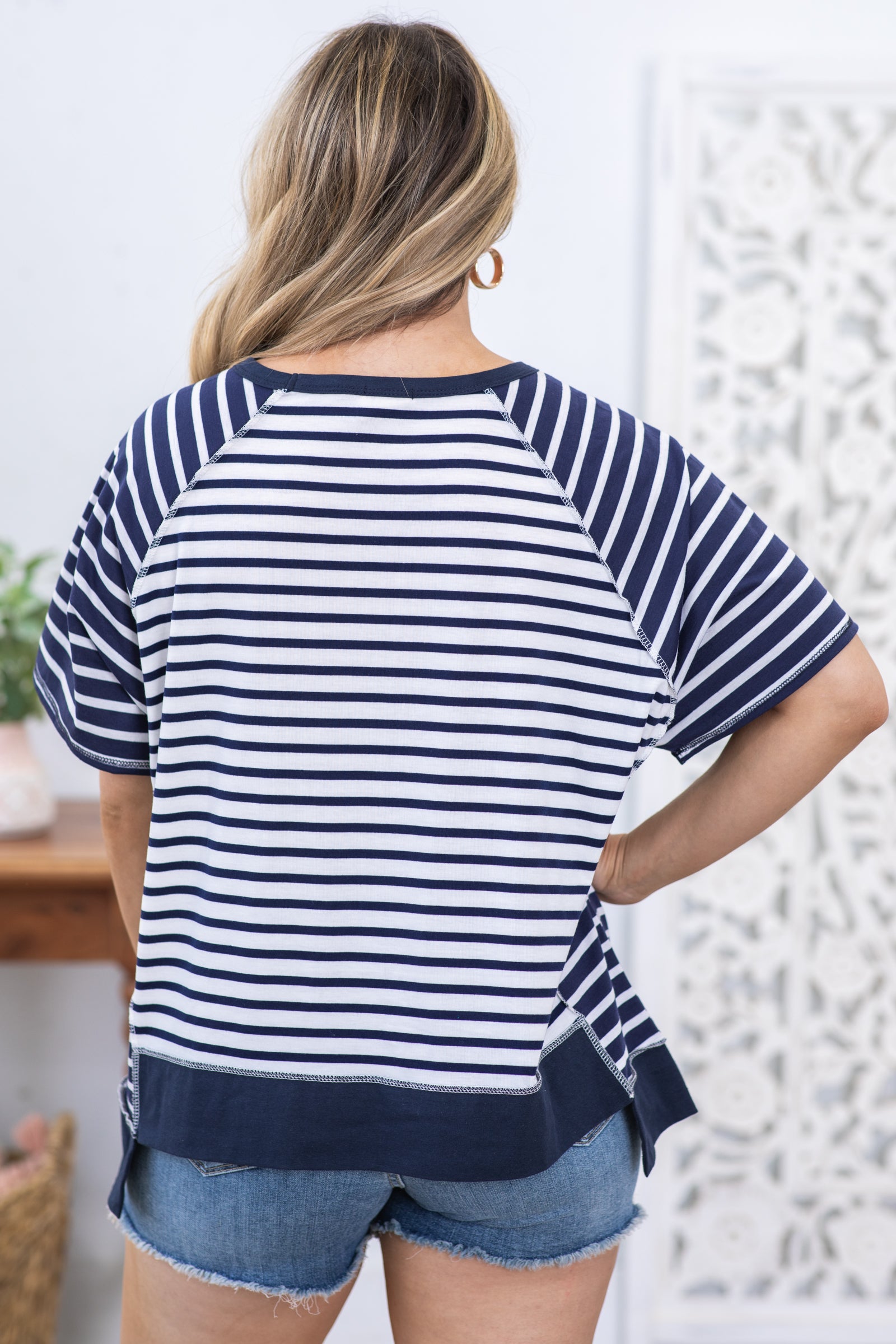 Navy and White Stripe Stitch Contrast Knit Top